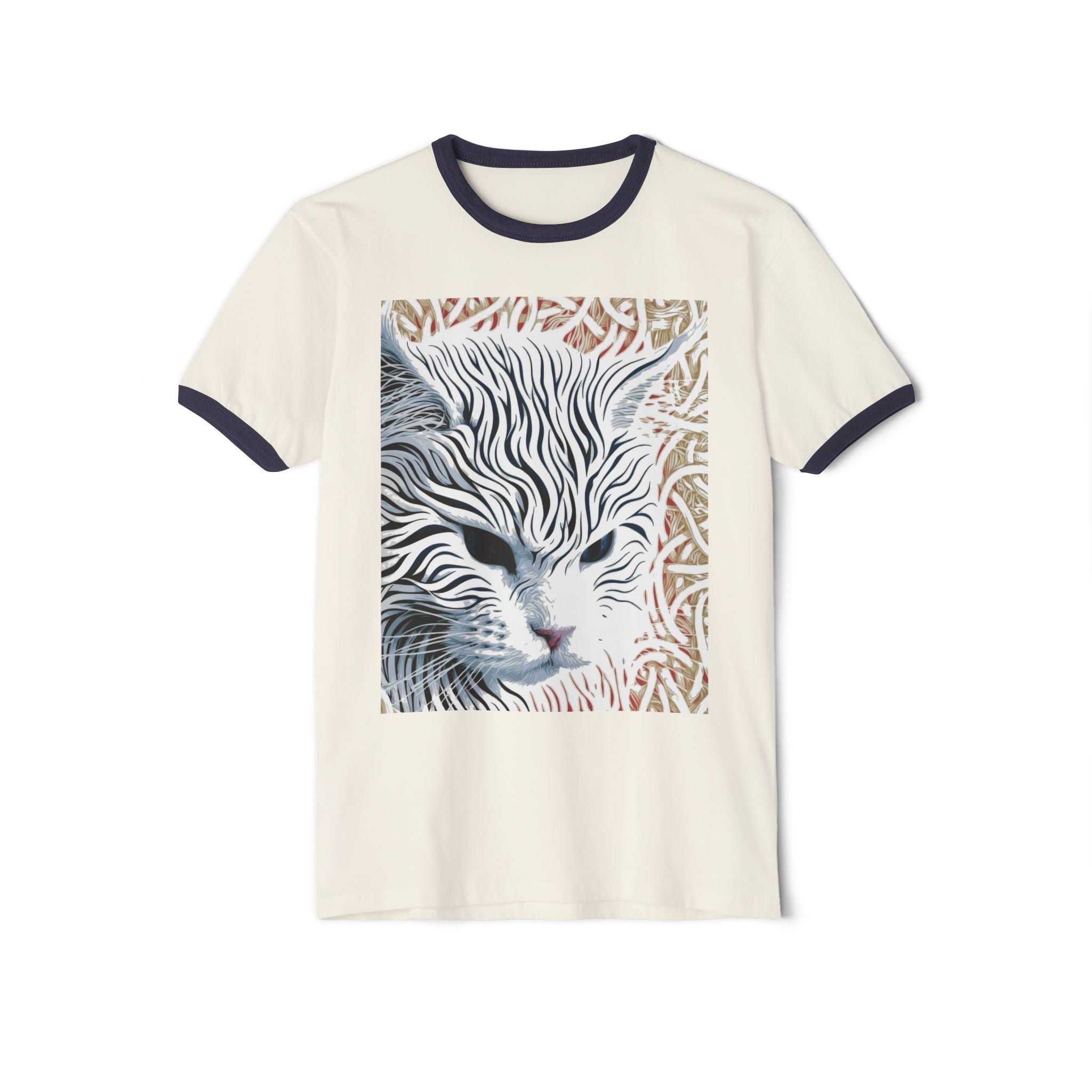 Cat Portrait Ringer Tee — Stylized Stripe-Faced Cat Graphic T-Shirt