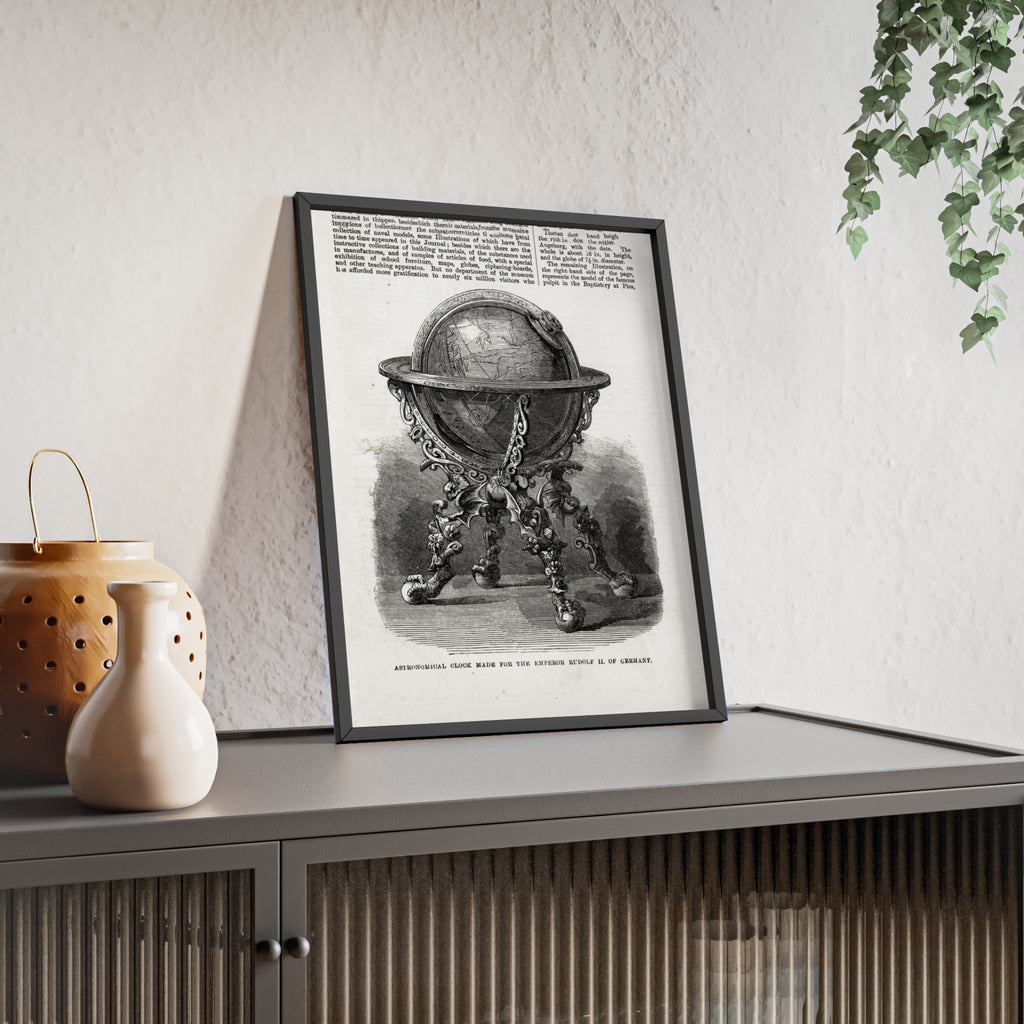 Astronomical Clock made for the Emperor RUDOLPH II, of Germany. Vintage Globe Illustration Poster with Wooden Frame — Antique Map Print