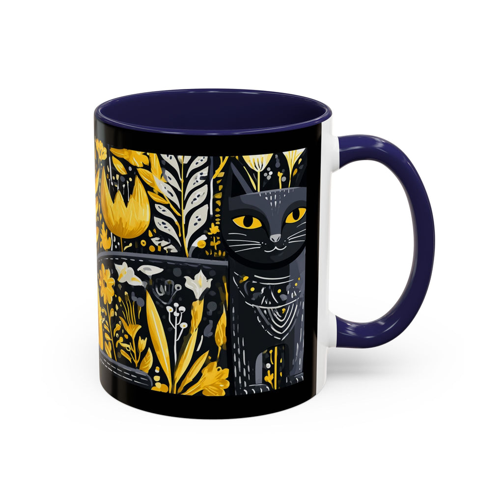 Black & Gold Cat Floral Coffee Mug — Whimsical Botanical Cat Accent Mug (11/15oz)
