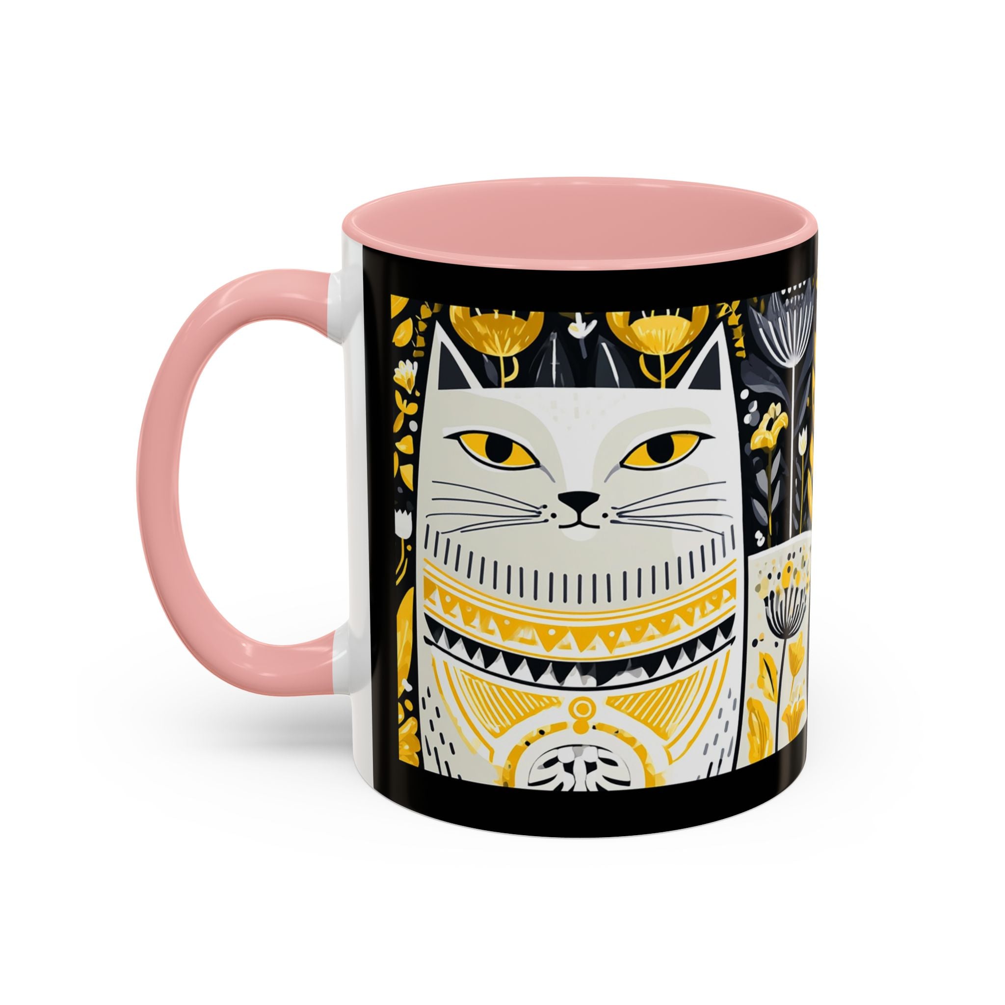 Black & Gold Cat Floral Coffee Mug — Whimsical Botanical Cat Accent Mug (11/15oz)