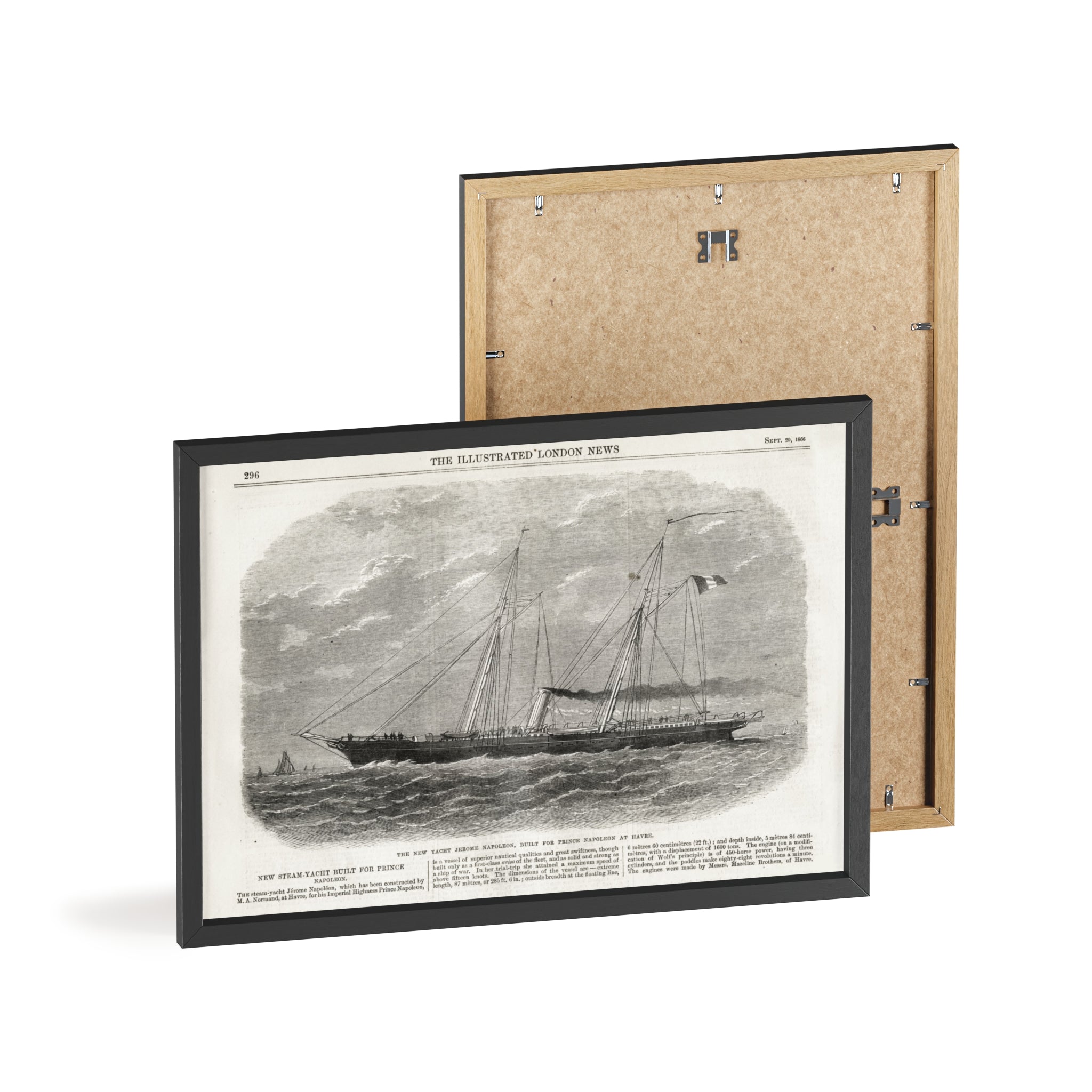 The New Yacht JEROME NAPOLEON, Built for Prince NAPOLEAN at Havre. Framed Vintage Ship Print Poster — Nautical Wall Art with Wooden Frame