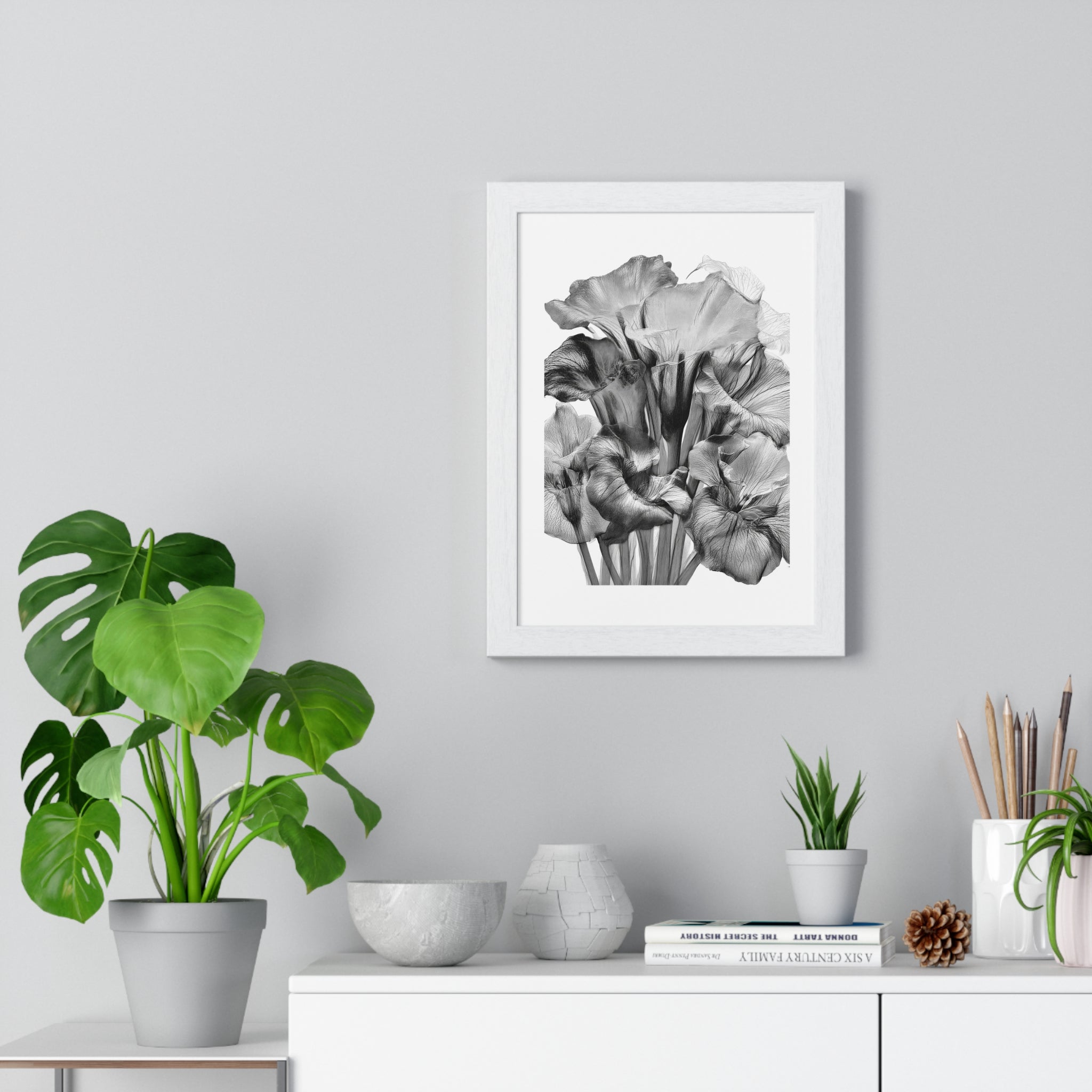Monochrome Iris Floral Poster — Vertical Framed Wall Art