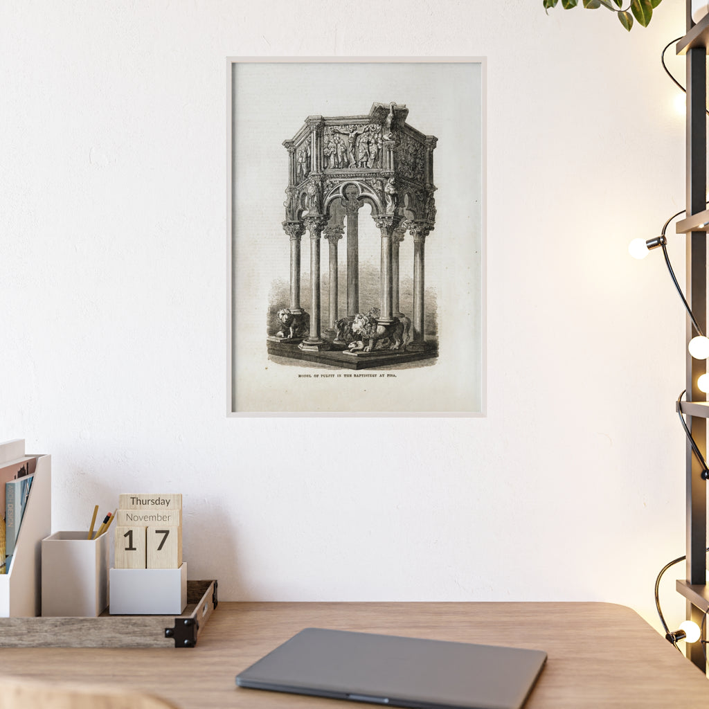 Model of Pulpit in the Baptistery at PISA. Antique Architectural Print Poster — Gothic Baptistery Illustration in Wooden Frame