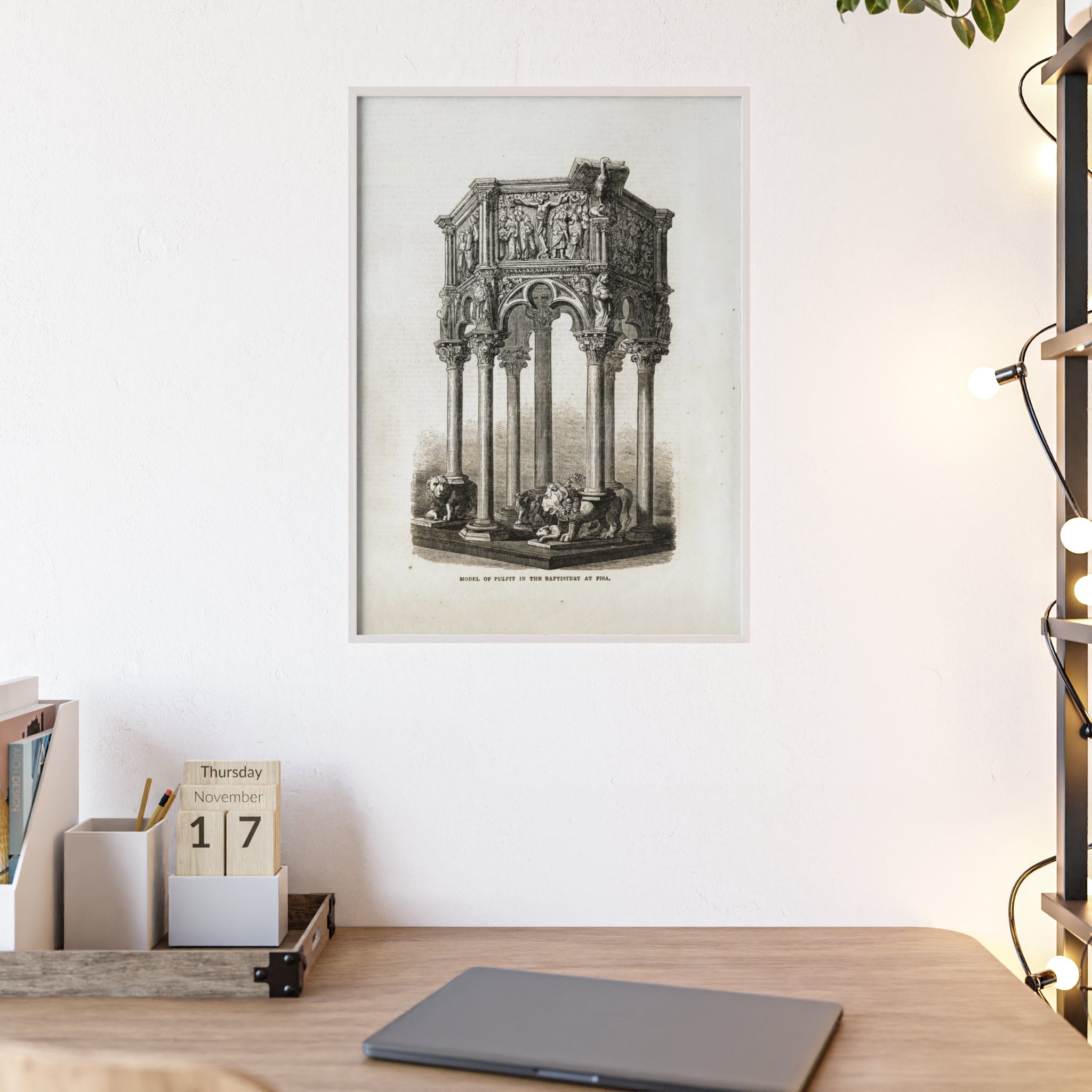 Model of Pulpit in the Baptistery at PISA. Antique Architectural Print Poster — Gothic Baptistery Illustration in Wooden Frame