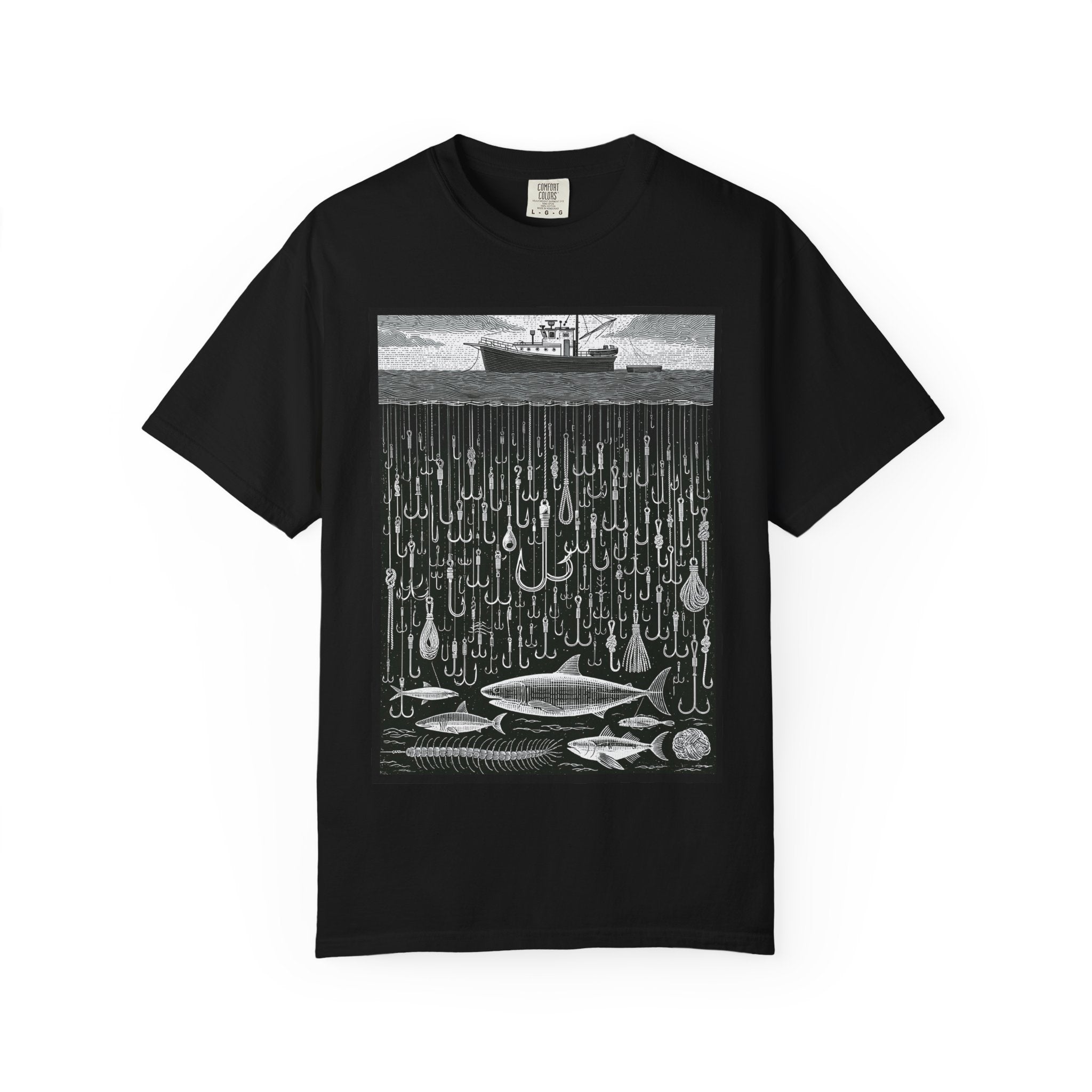 Fishing Boat & Hooks Graphic T-Shirt — Ocean Conservation Art Tee