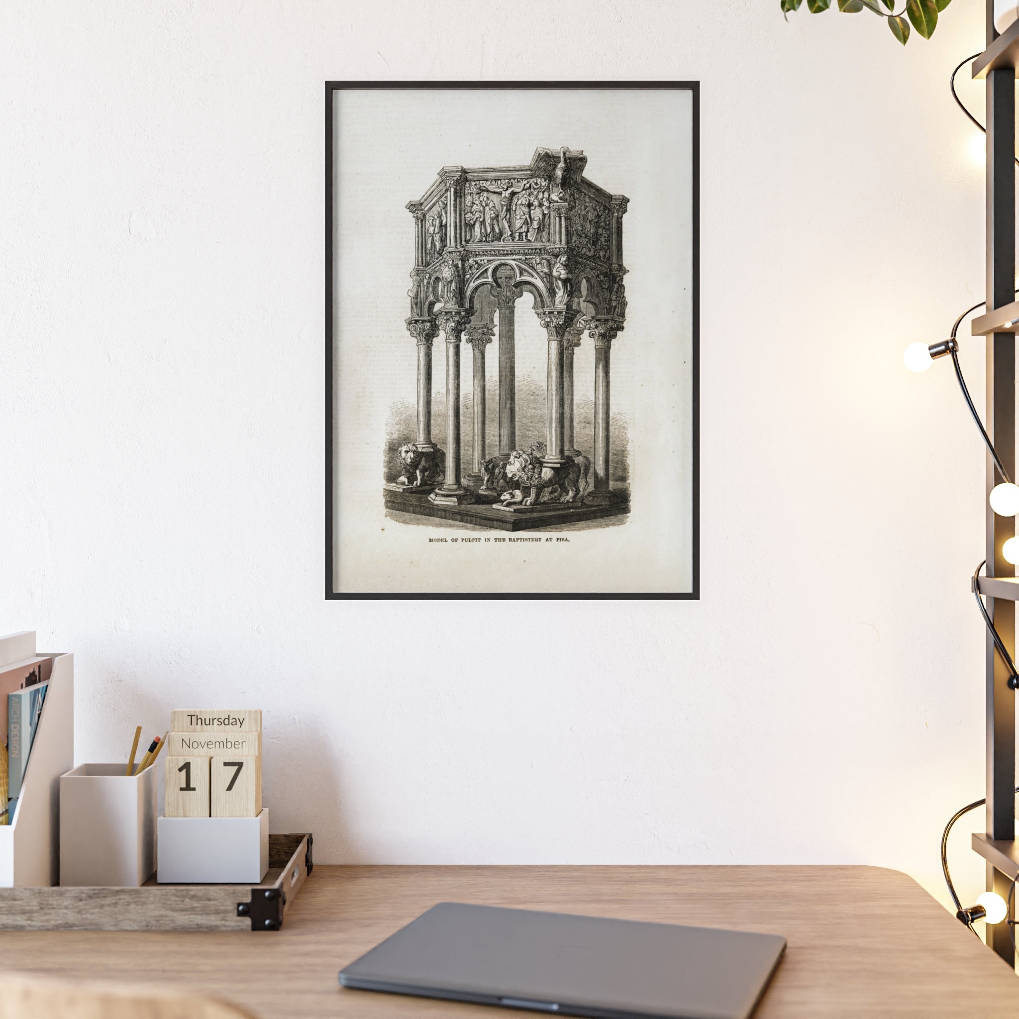 Model of Pulpit in the Baptistery at PISA. Antique Architectural Print Poster — Gothic Baptistery Illustration in Wooden Frame