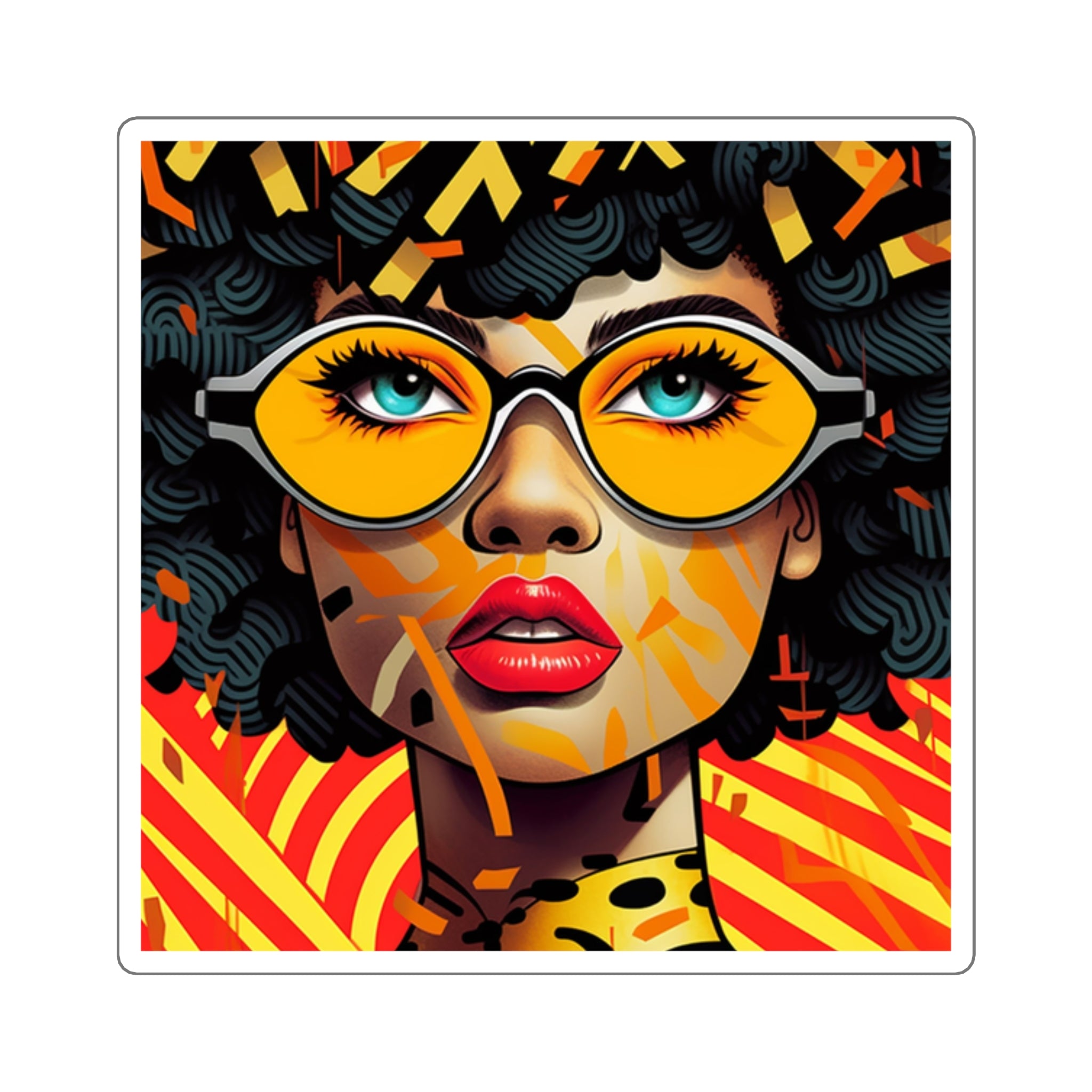 Afro Pop Art Square Sticker — Retro Sunglasses Woman, Bold Colorful Laptop Decal