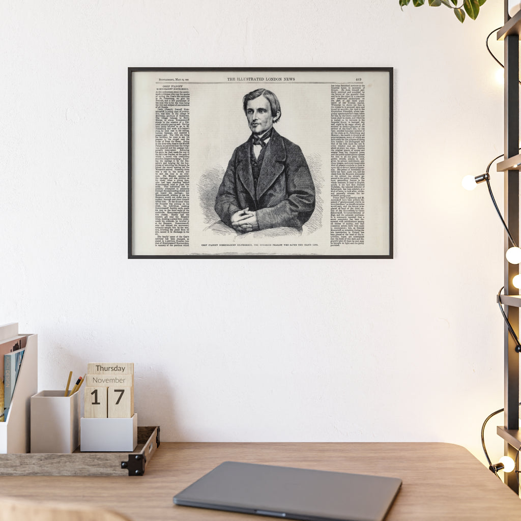 Portrait of Ossip Ivanoff the peasant who saved the Czar's Life. Vintage Newspaper Print Poster with Wooden Frame