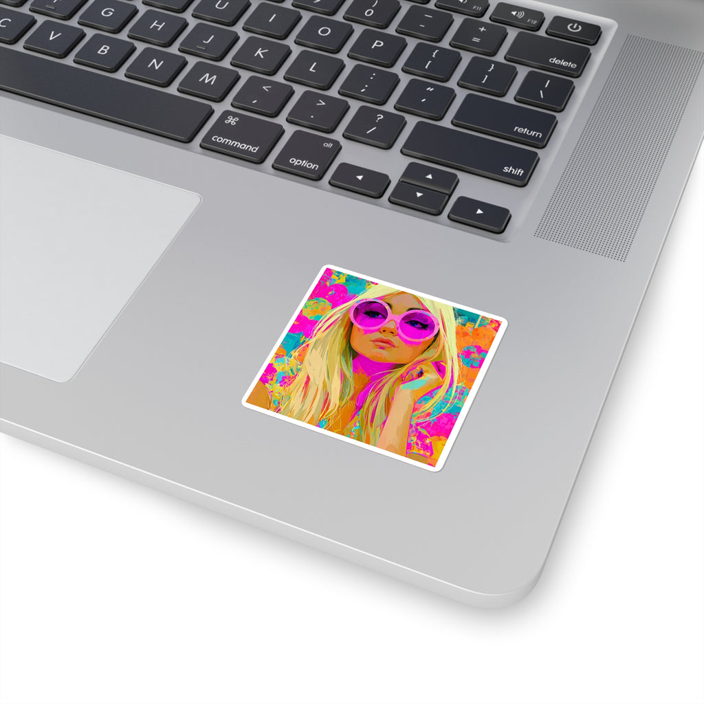 Pop Art Blonde Girl Square Sticker — Retro Neon Portrait Laptop Decal