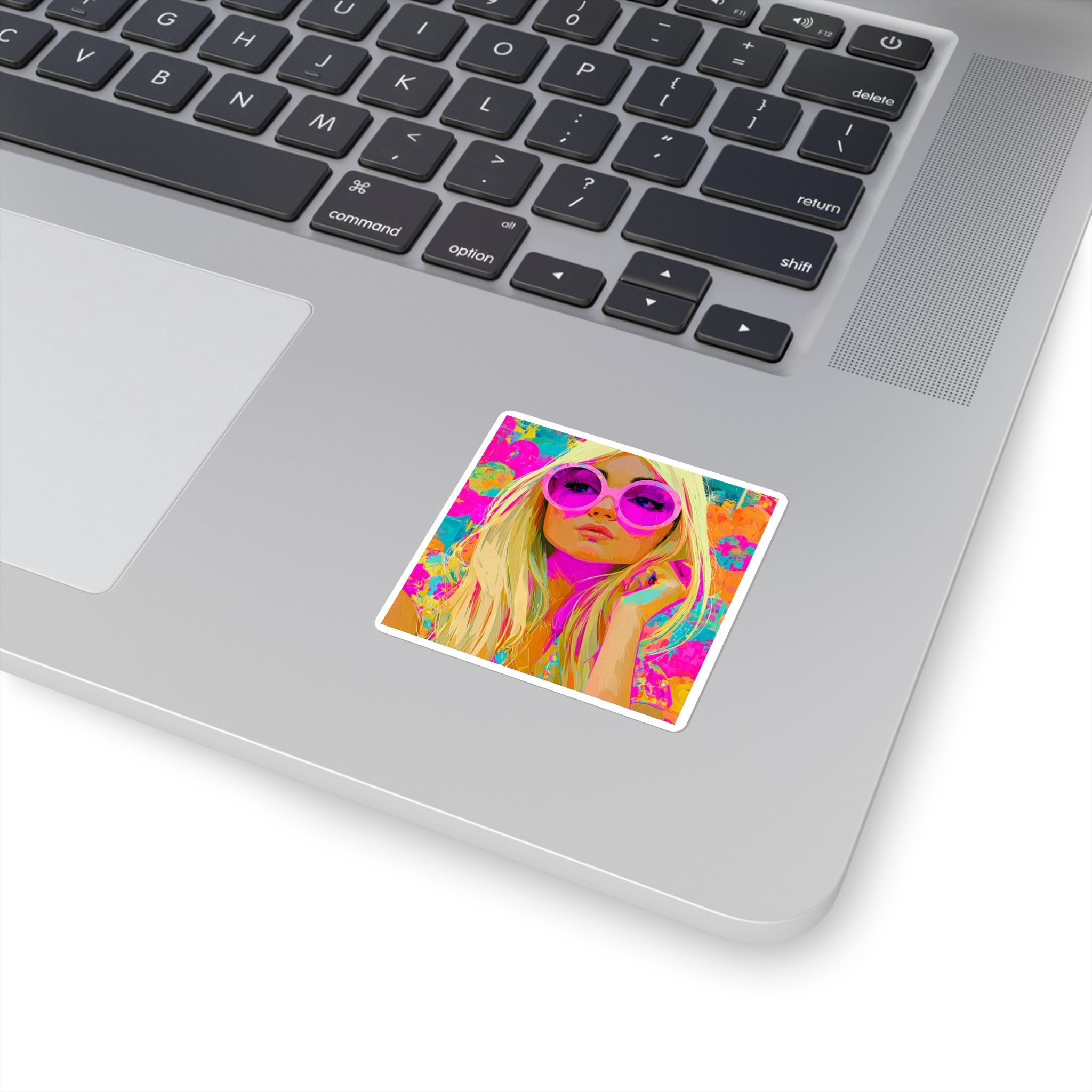 Pop Art Blonde Girl Square Sticker — Retro Neon Portrait Laptop Decal