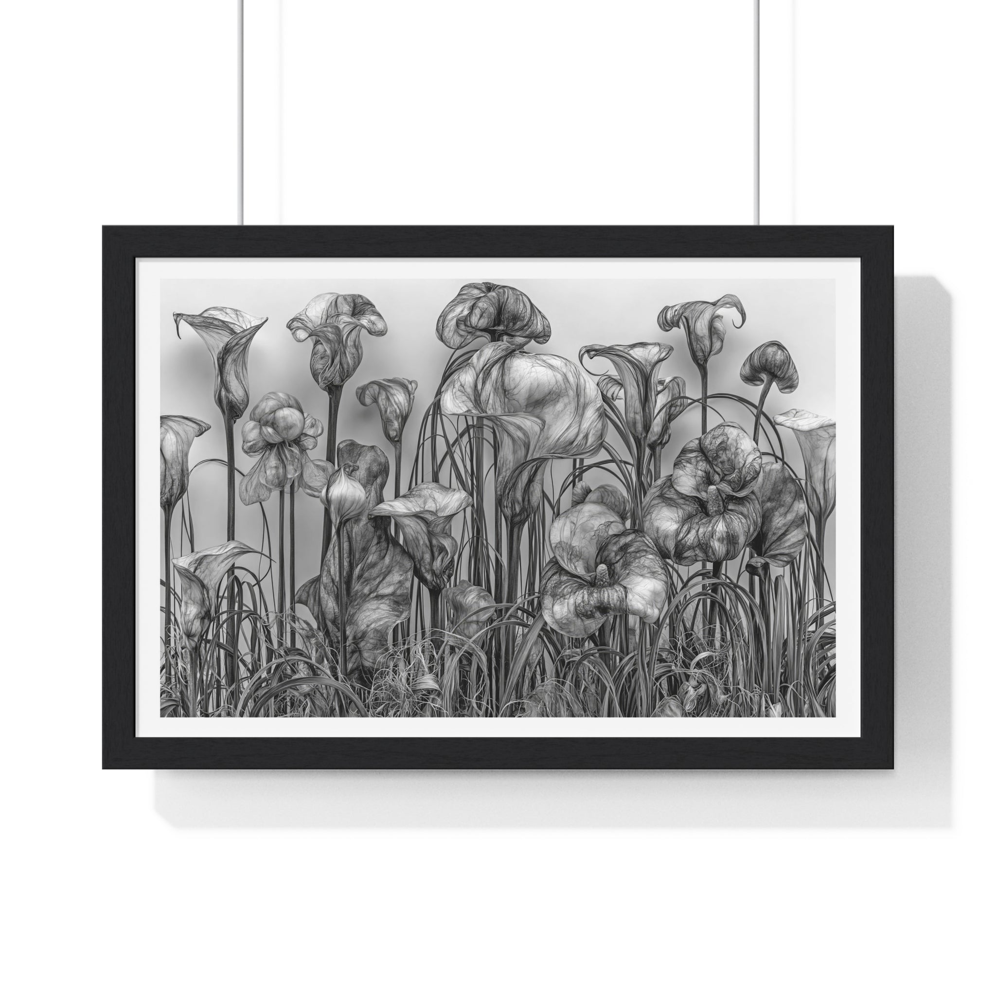 Black & White Botanical Framed Poster — Monochrome Calla Lily Wall Art (Horizontal)