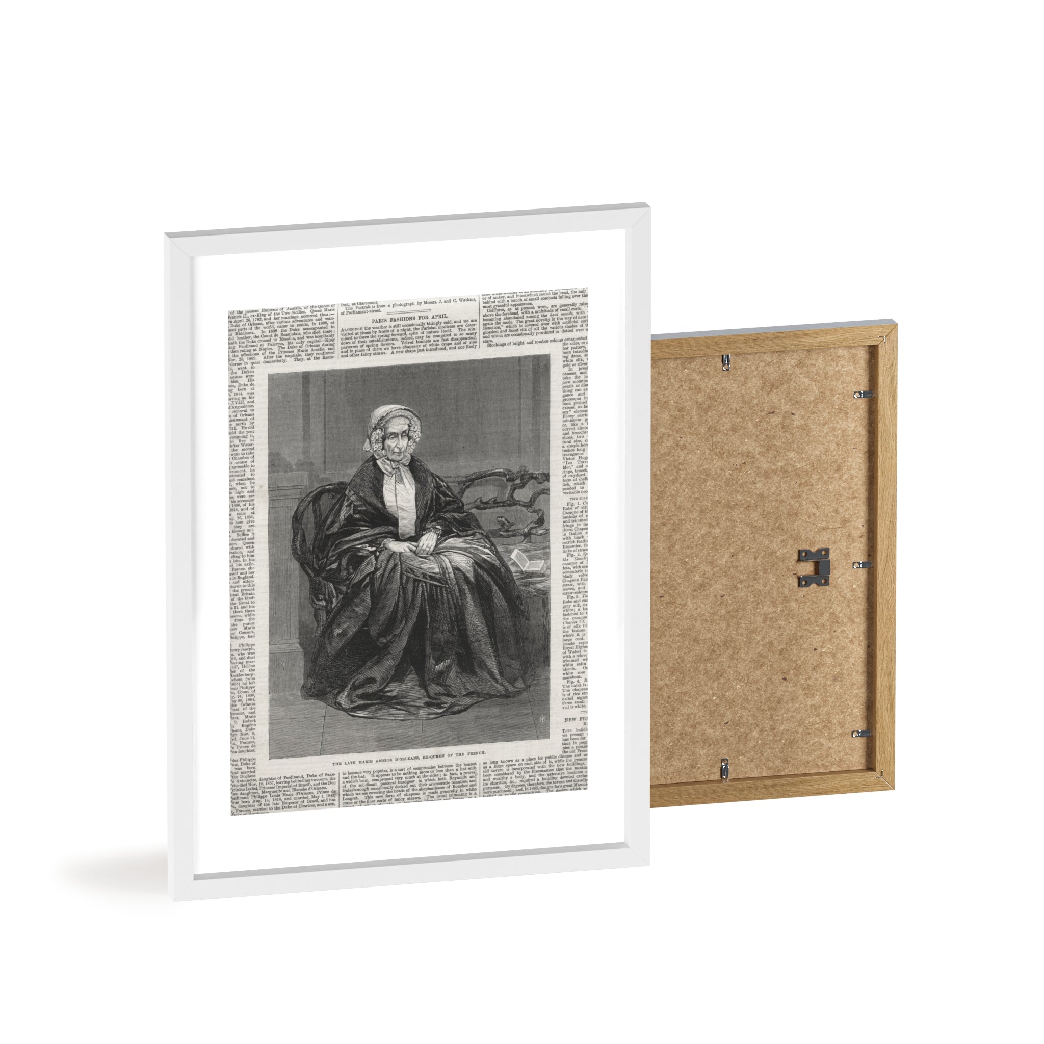 The Late Marie Amelie D'Orleans, Ex-Queen of the French. Vintage Portrait Newspaper Art Poster with Black Wooden Frame