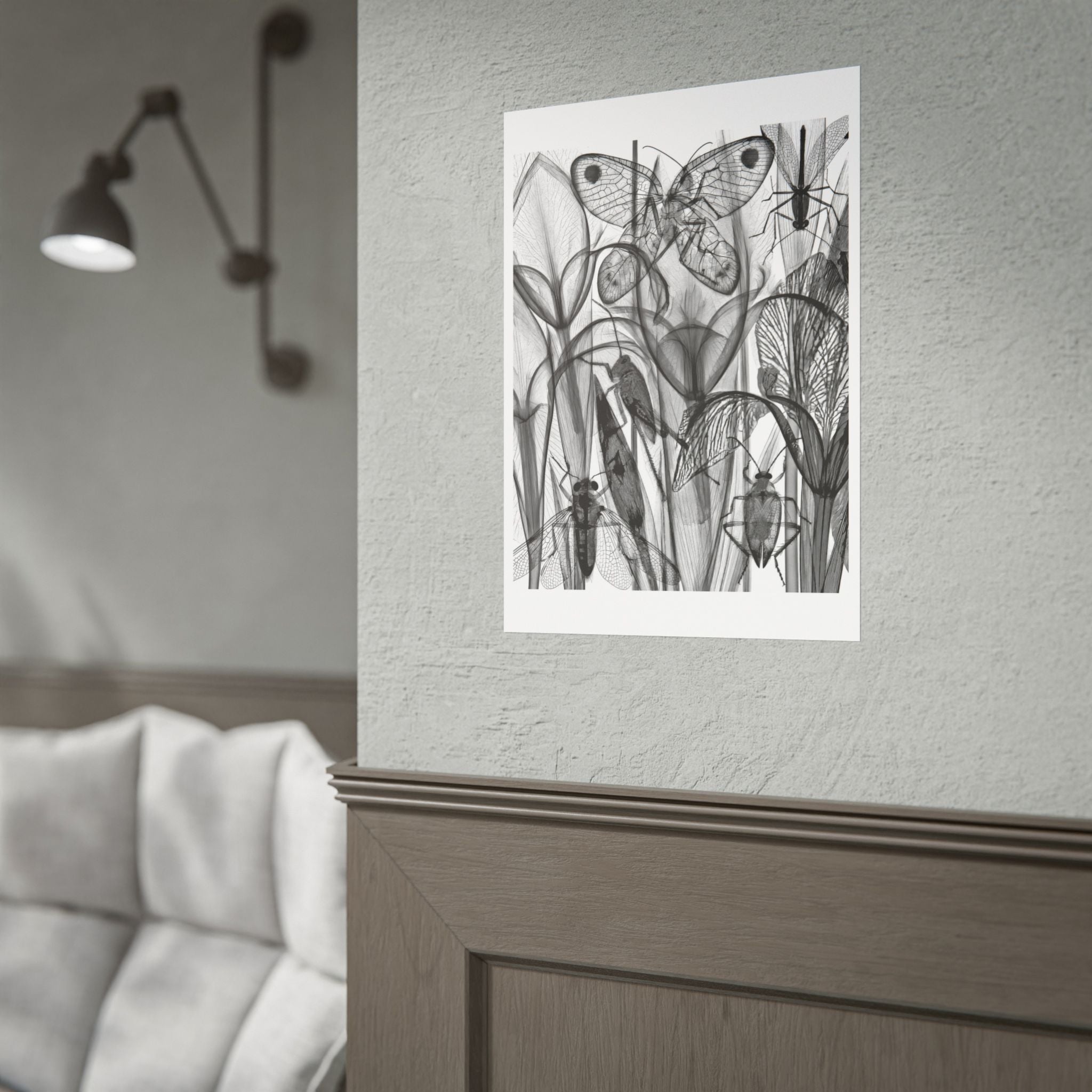 Botanical Insect X‑Ray Rolled Poster — Monochrome Moths & Beetles Art Print
