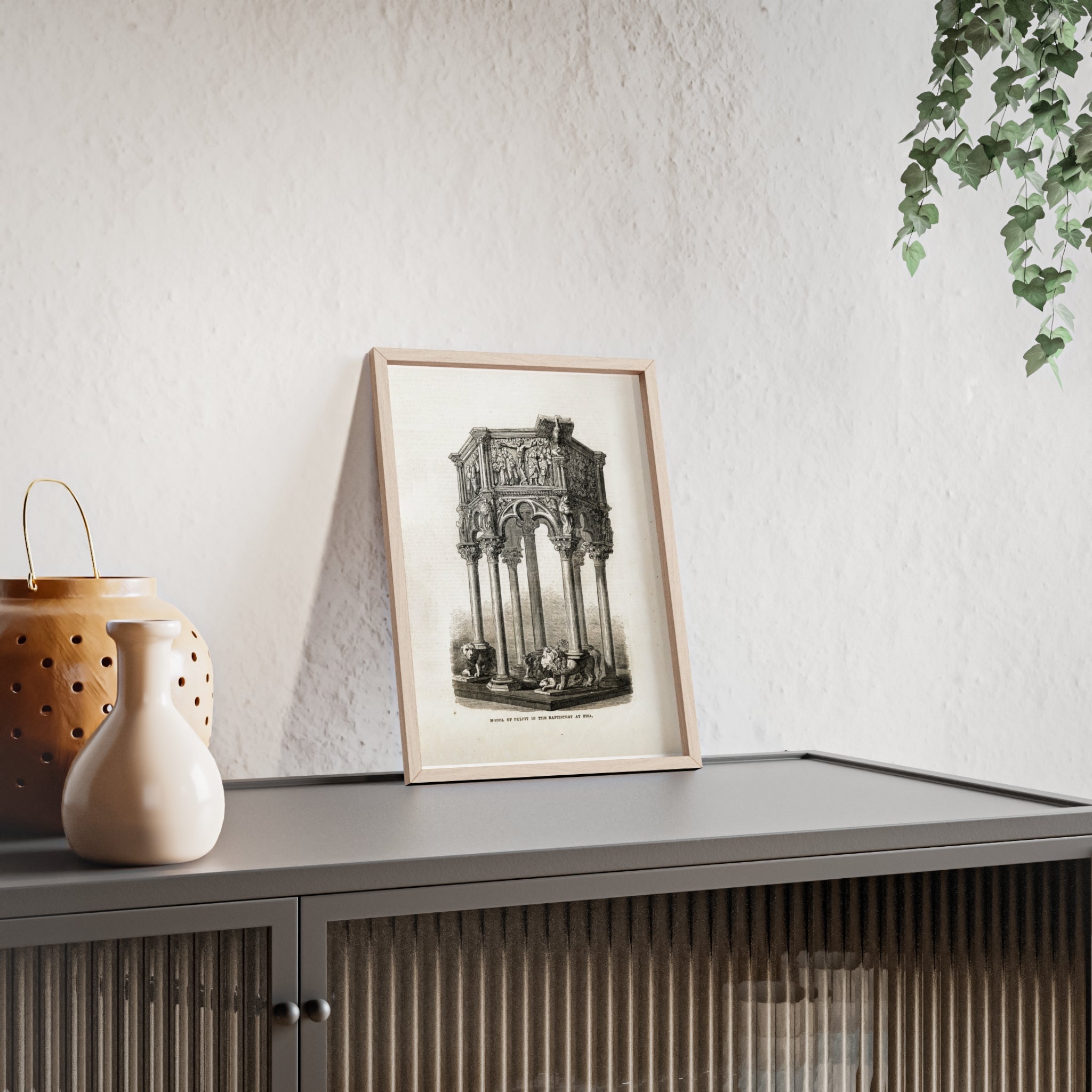Model of Pulpit in the Baptistery at PISA. Antique Architectural Print Poster — Gothic Baptistery Illustration in Wooden Frame