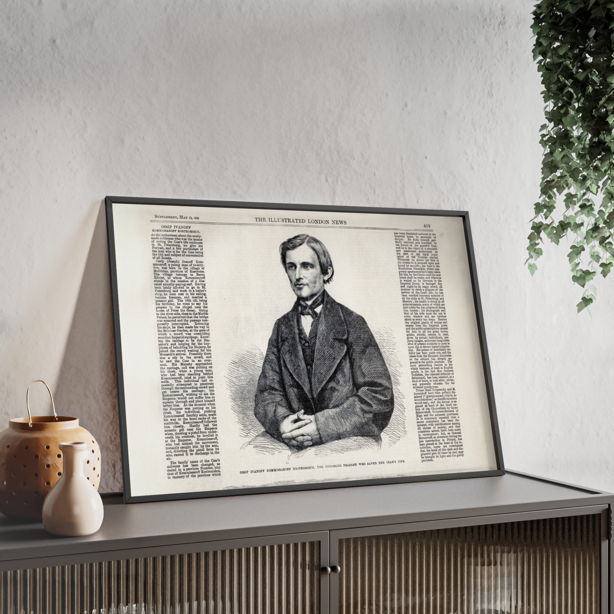 Portrait of Ossip Ivanoff the peasant who saved the Czar's Life. Vintage Newspaper Print Poster with Wooden Frame