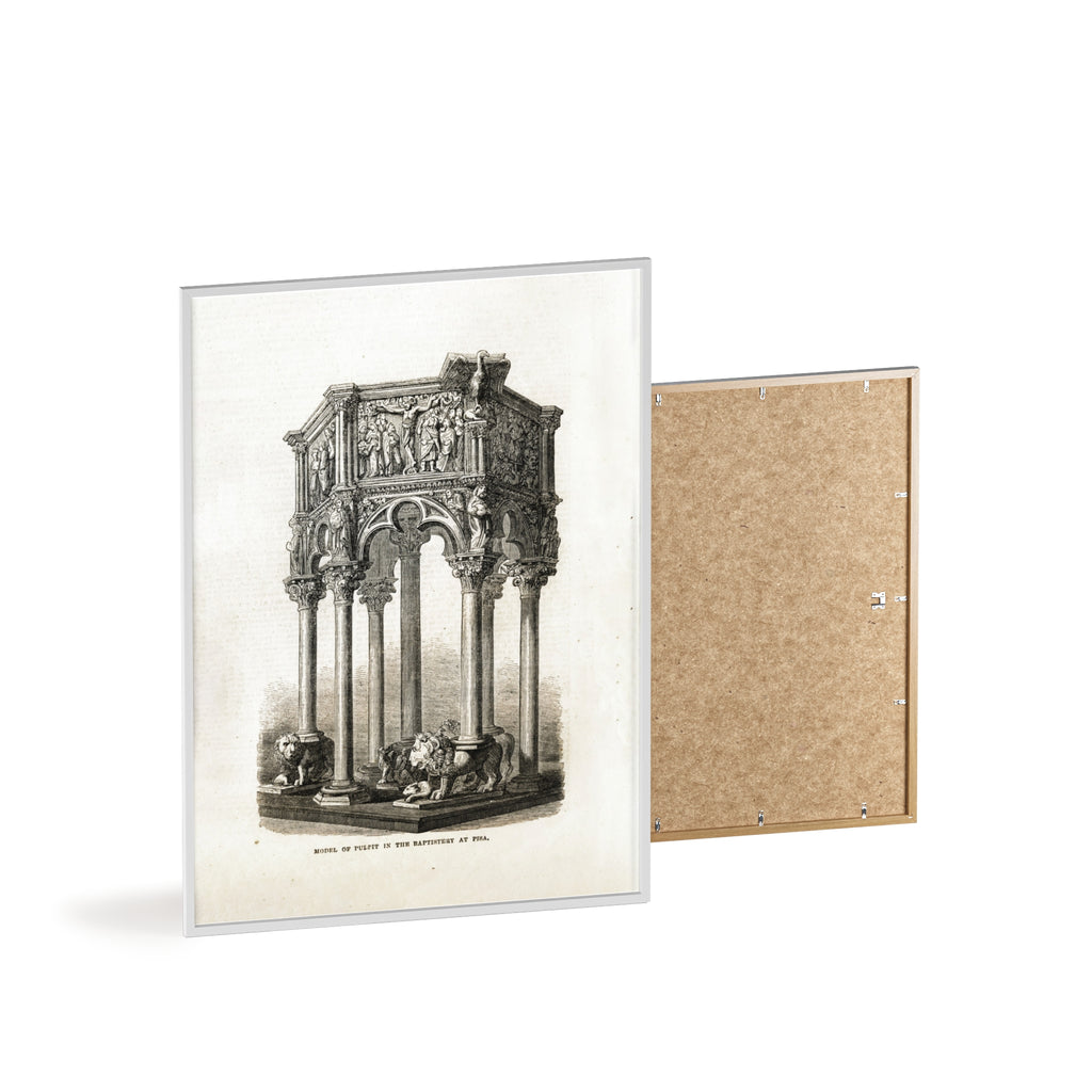 Model of Pulpit in the Baptistery at PISA. Antique Architectural Print Poster — Gothic Baptistery Illustration in Wooden Frame