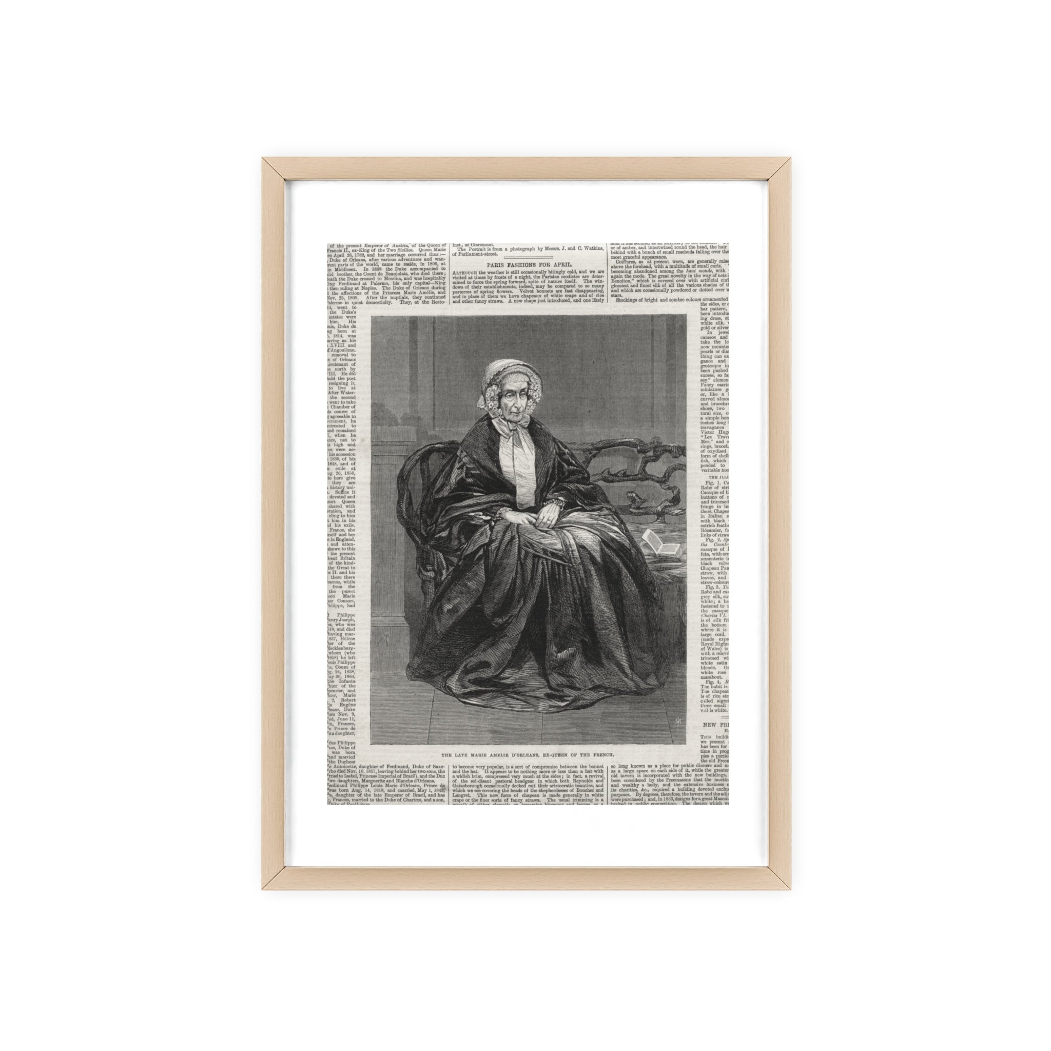 The Late Marie Amelie D'Orleans, Ex-Queen of the French. Vintage Portrait Newspaper Art Poster with Black Wooden Frame