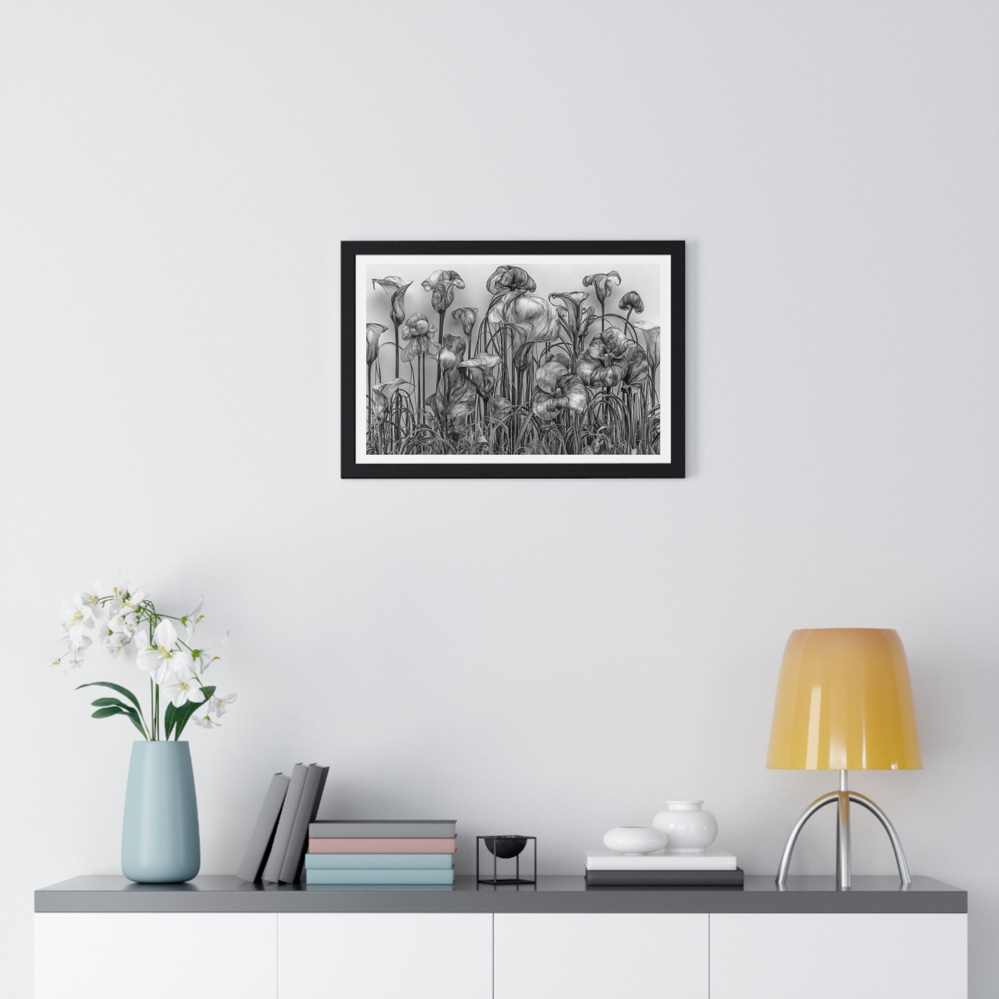 Black & White Botanical Framed Poster — Monochrome Calla Lily Wall Art (Horizontal)