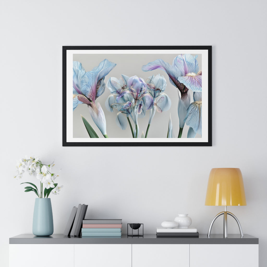 Botanical Iris Framed Poster — Soft Blue Floral Wall Art (Horizontal)