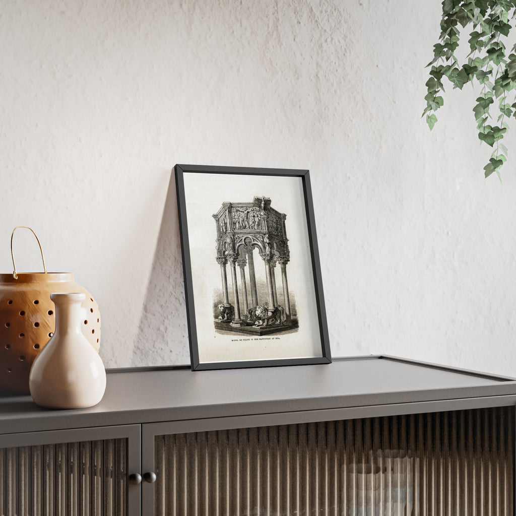 Model of Pulpit in the Baptistery at PISA. Antique Architectural Print Poster — Gothic Baptistery Illustration in Wooden Frame