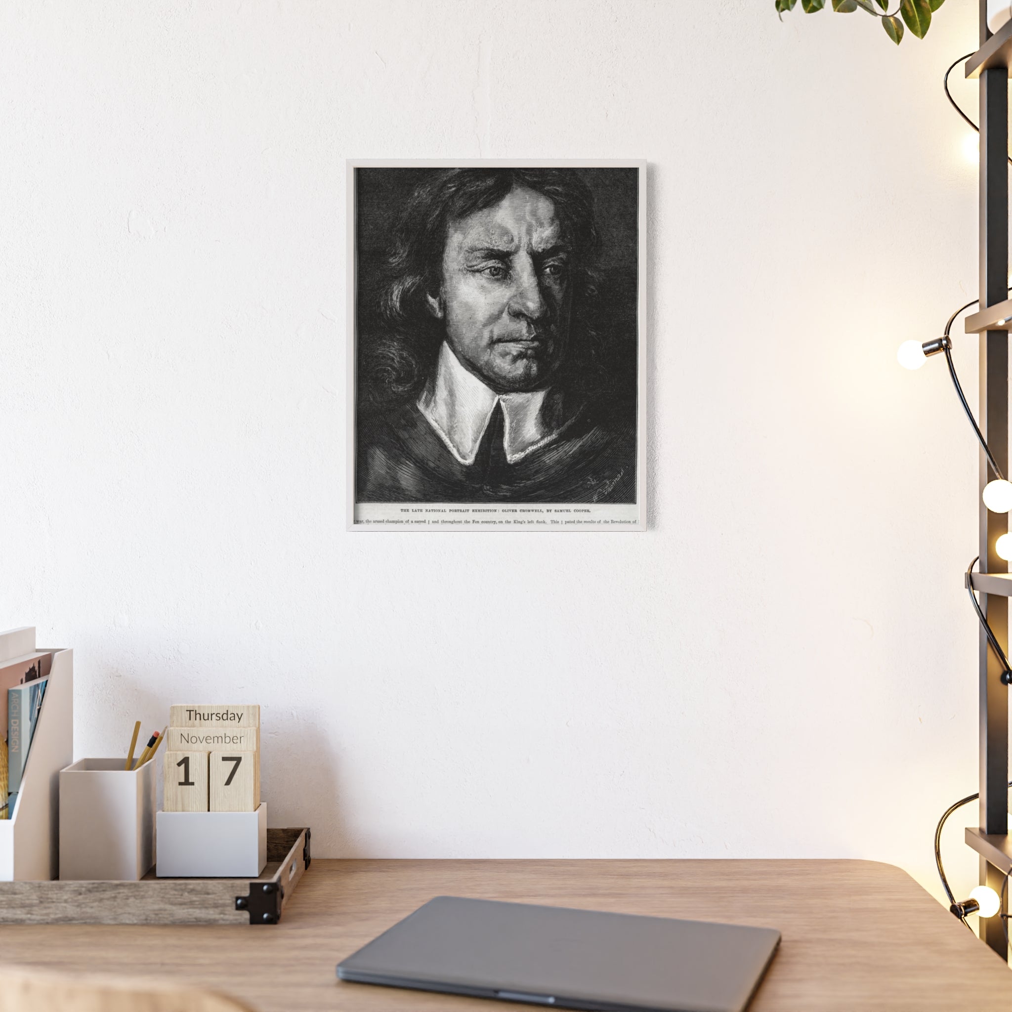 OLIVER CROMWELL. Historical Portrait Poster with Wooden Frame — Vintage Chalk-Style Print
