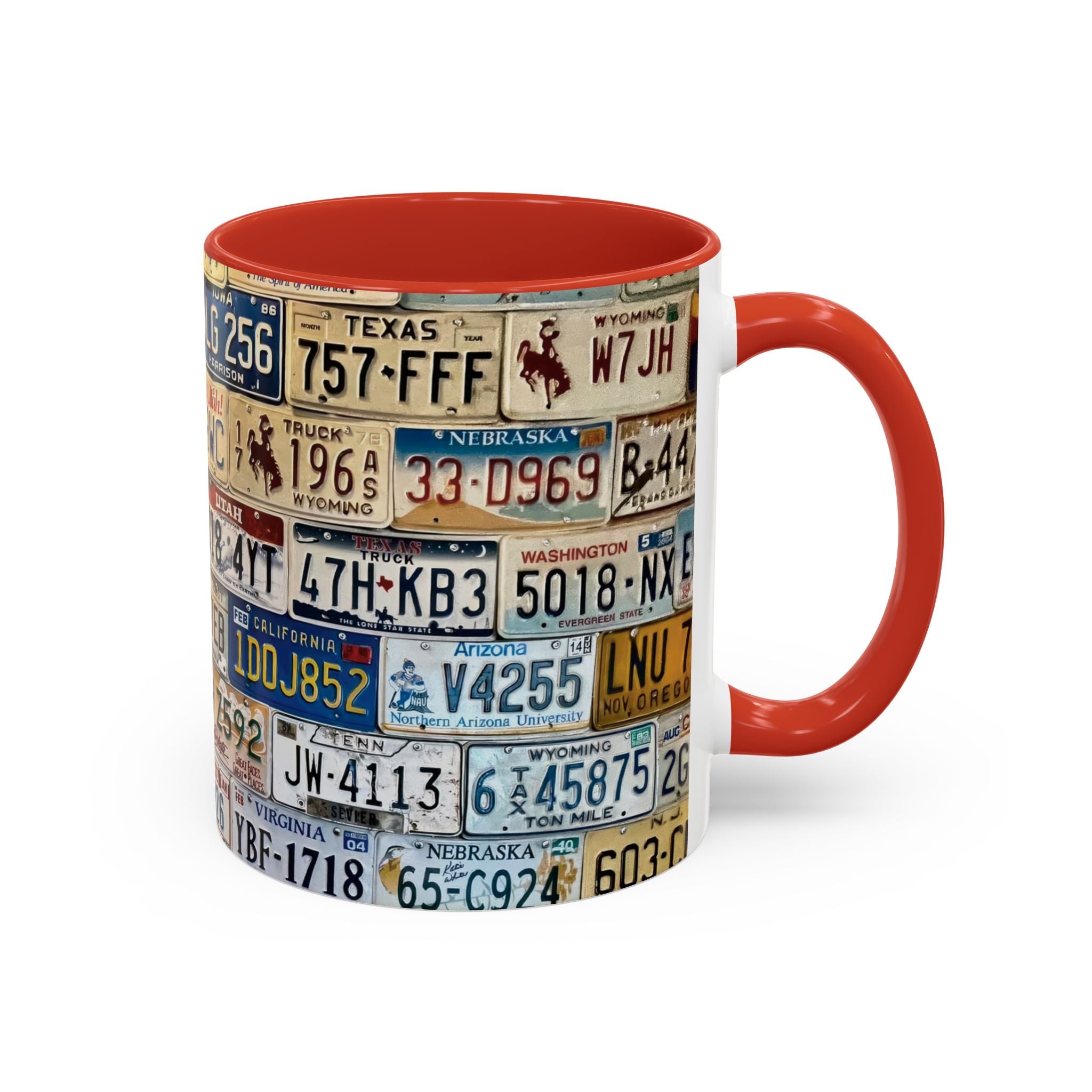 License Plate Collage Coffee Mug — Route 66, Vintage Road Trip Accent Mug