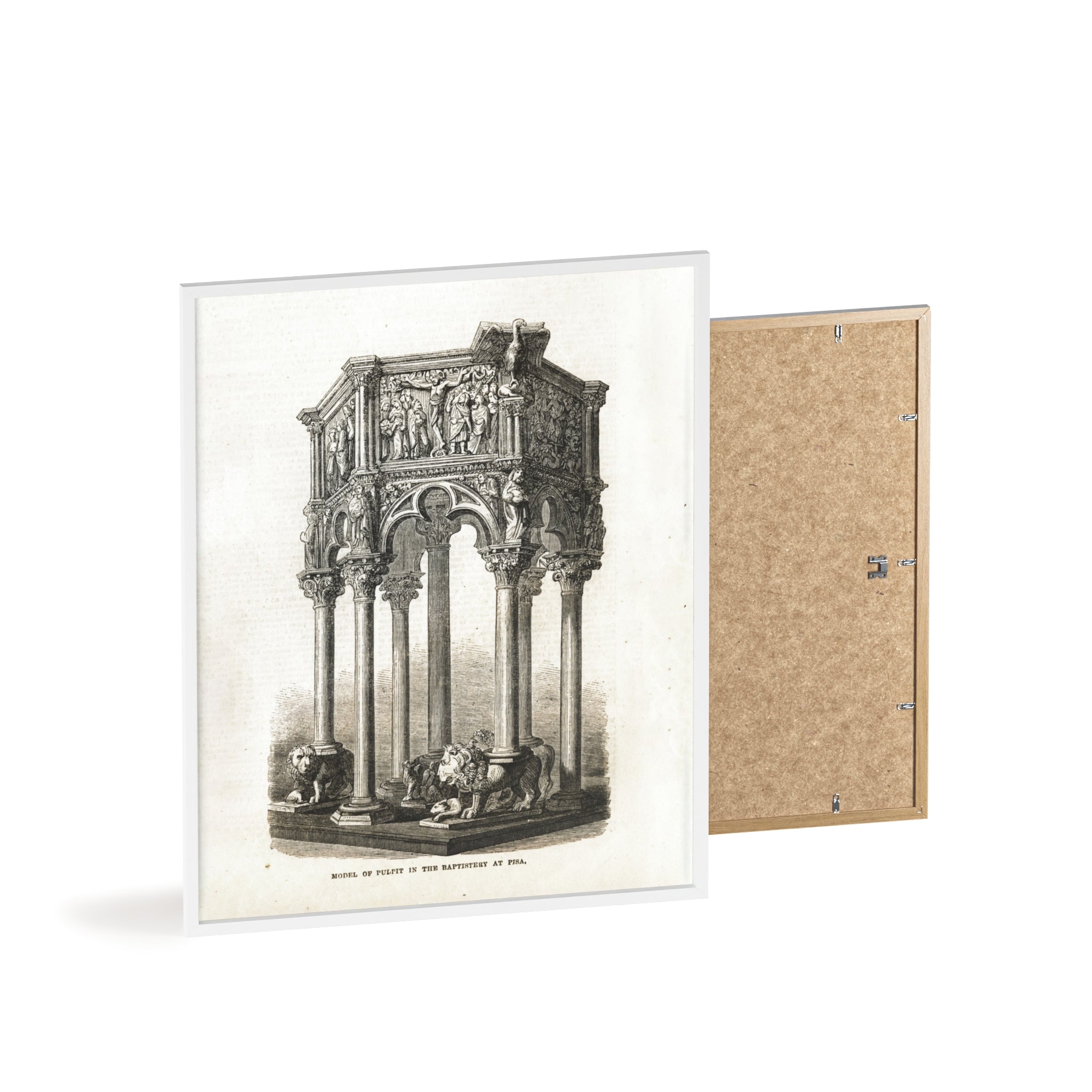 Model of Pulpit in the Baptistery at PISA. Antique Architectural Print Poster — Gothic Baptistery Illustration in Wooden Frame