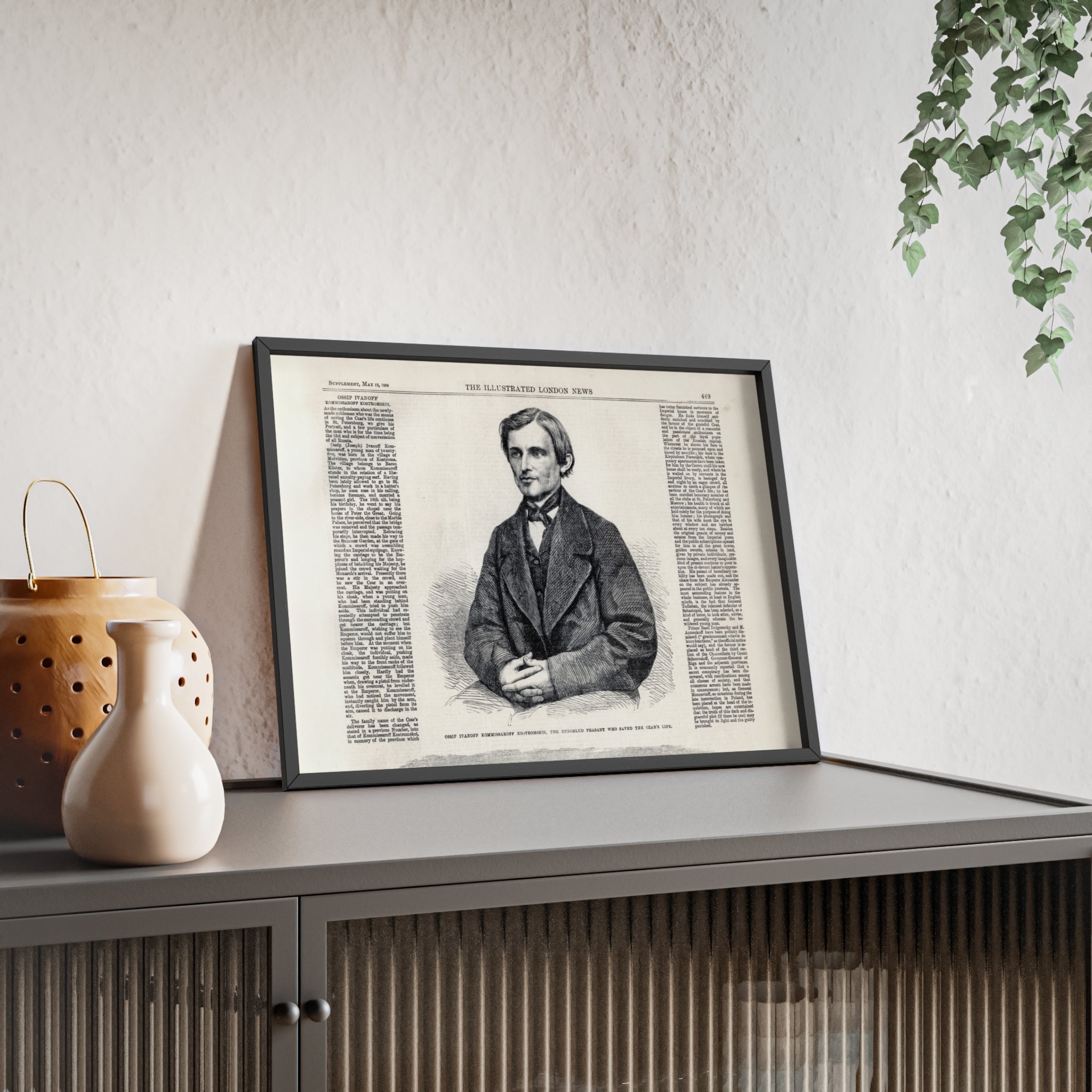 Portrait of Ossip Ivanoff the peasant who saved the Czar's Life. Vintage Newspaper Print Poster with Wooden Frame