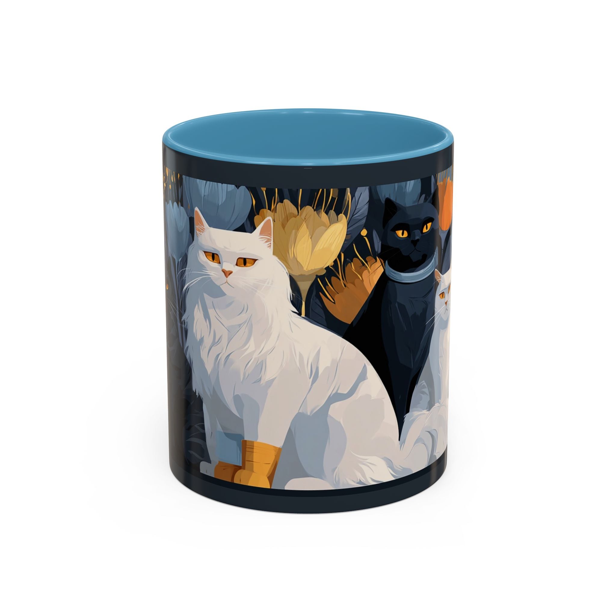 Cat Pattern Accent Coffee Mug — Illustrated Cats Floral Night Design (11/15oz)