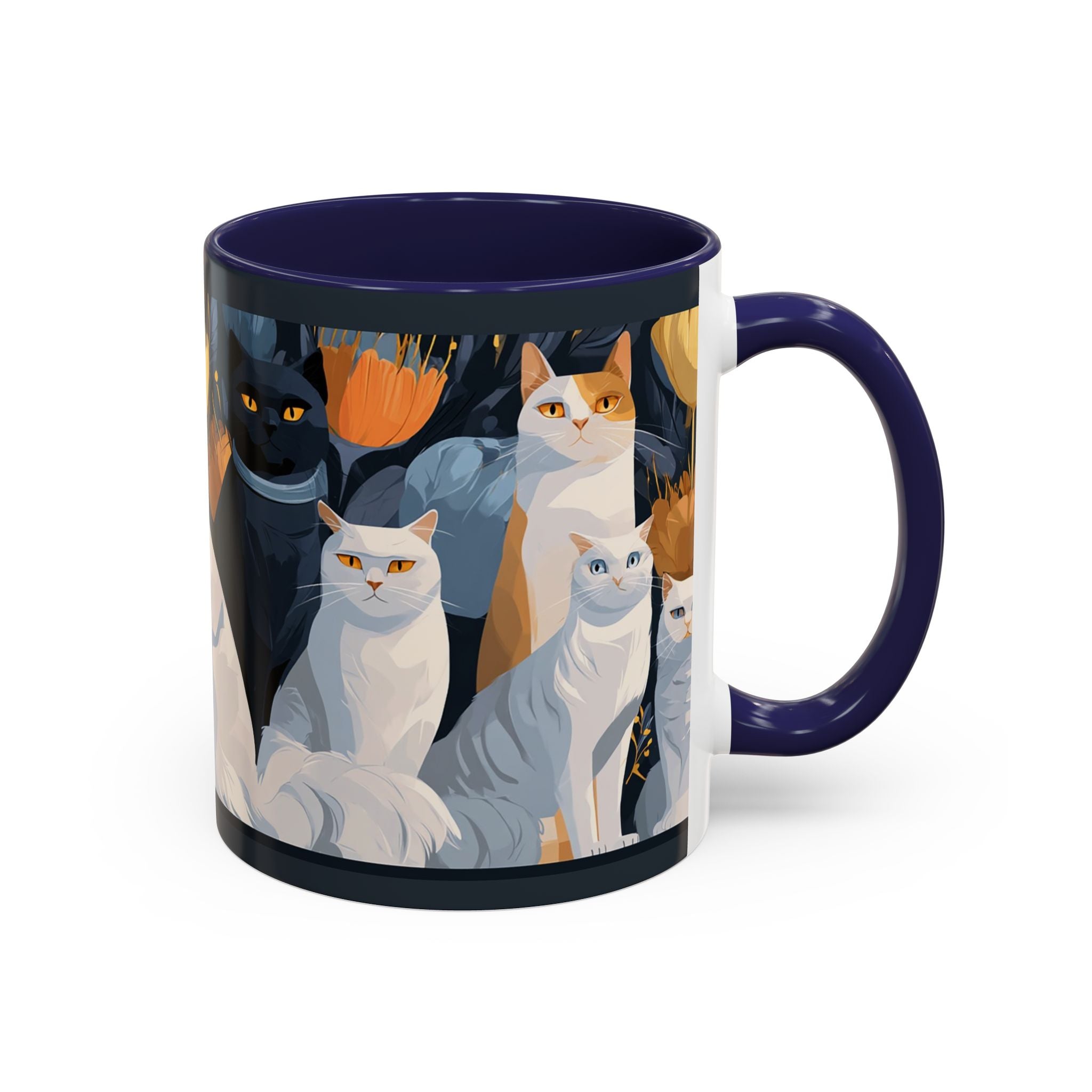 Cat Pattern Accent Coffee Mug — Illustrated Cats Floral Night Design (11/15oz)
