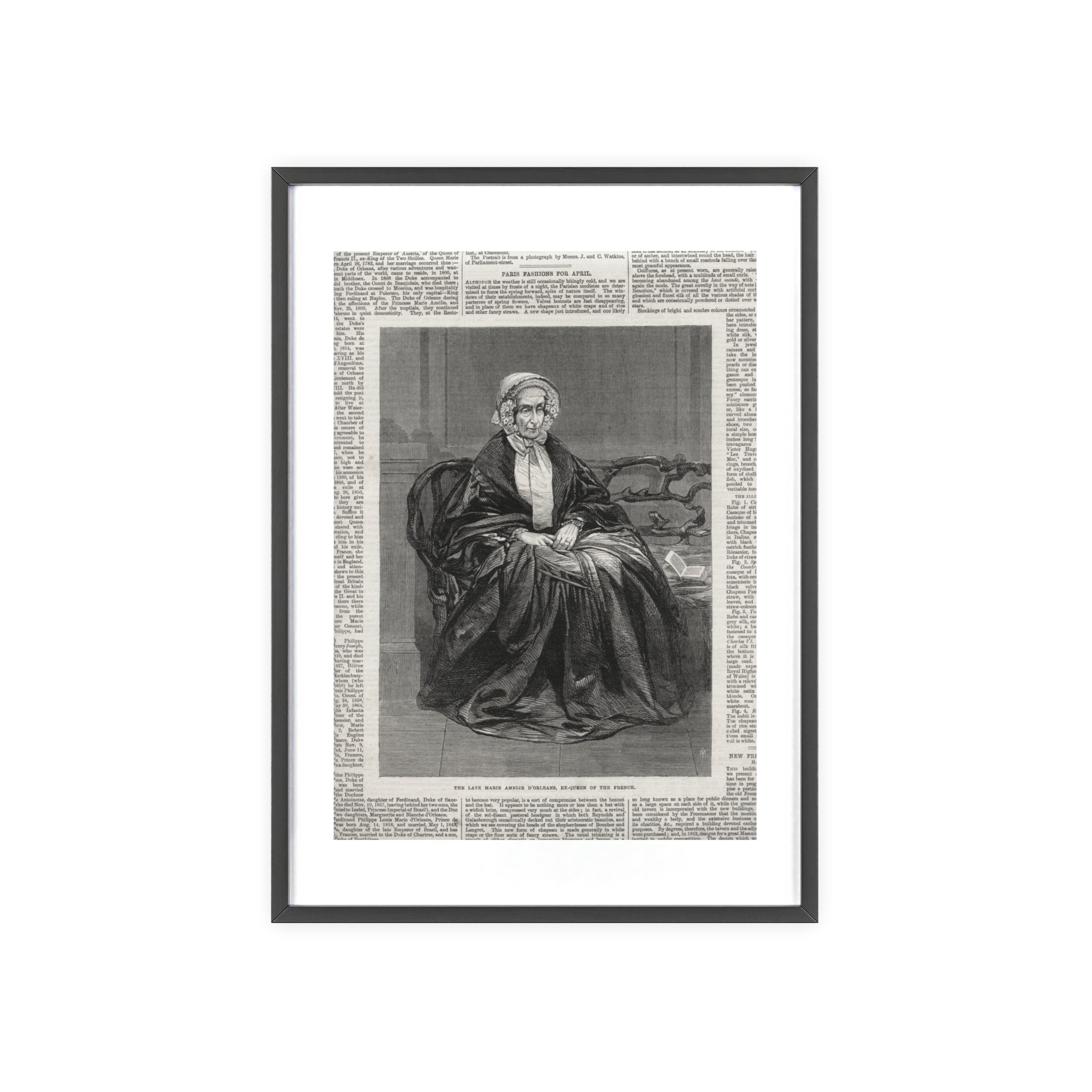 The Late Marie Amelie D'Orleans, Ex-Queen of the French. Vintage Portrait Newspaper Art Poster with Black Wooden Frame