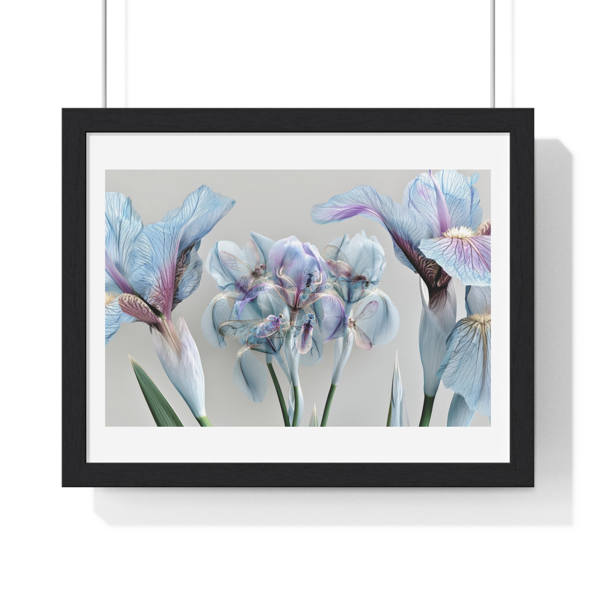 Botanical Iris Framed Poster — Soft Blue Floral Wall Art (Horizontal)