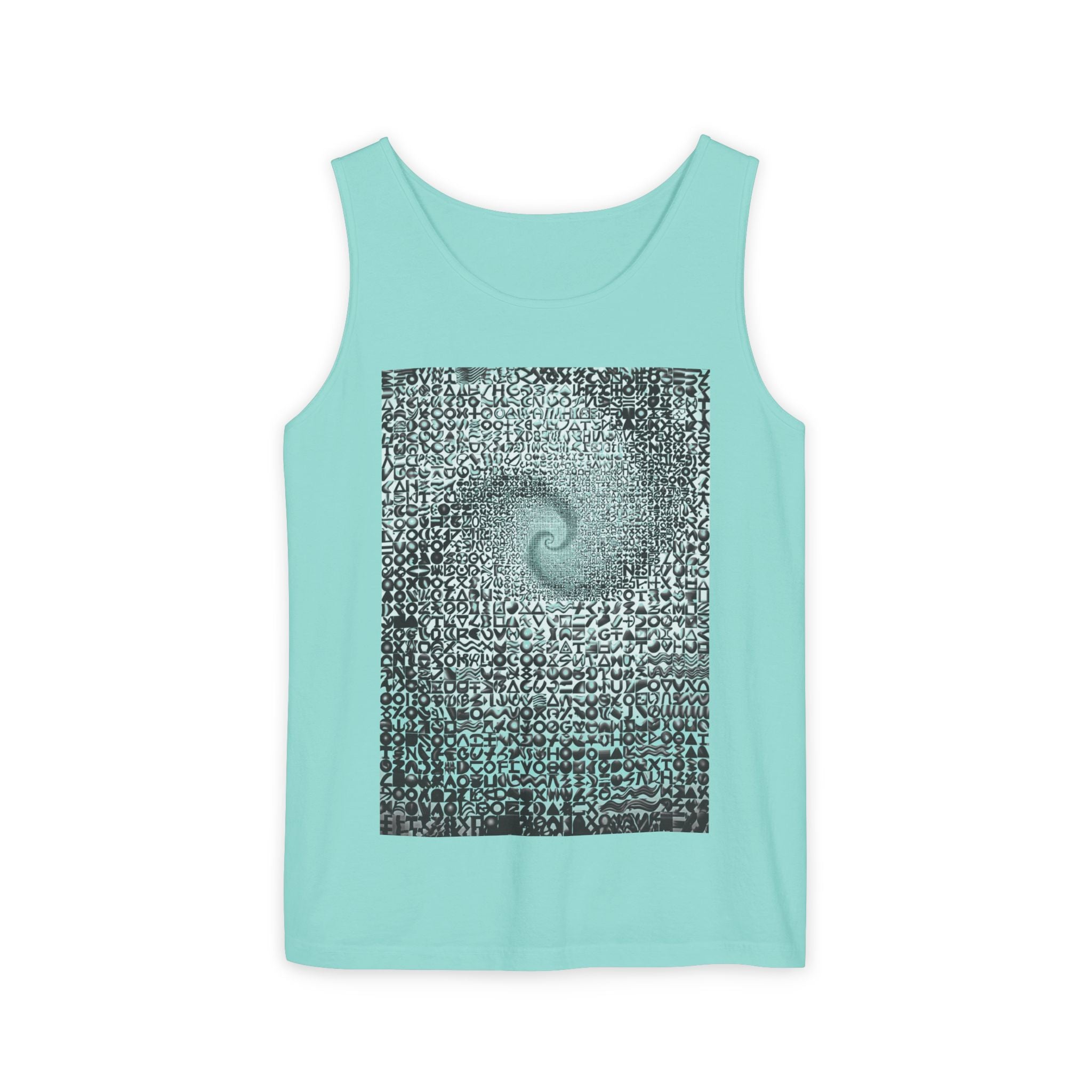 Spiral Text Art Tank Top — Monochrome Optical Typography Tee