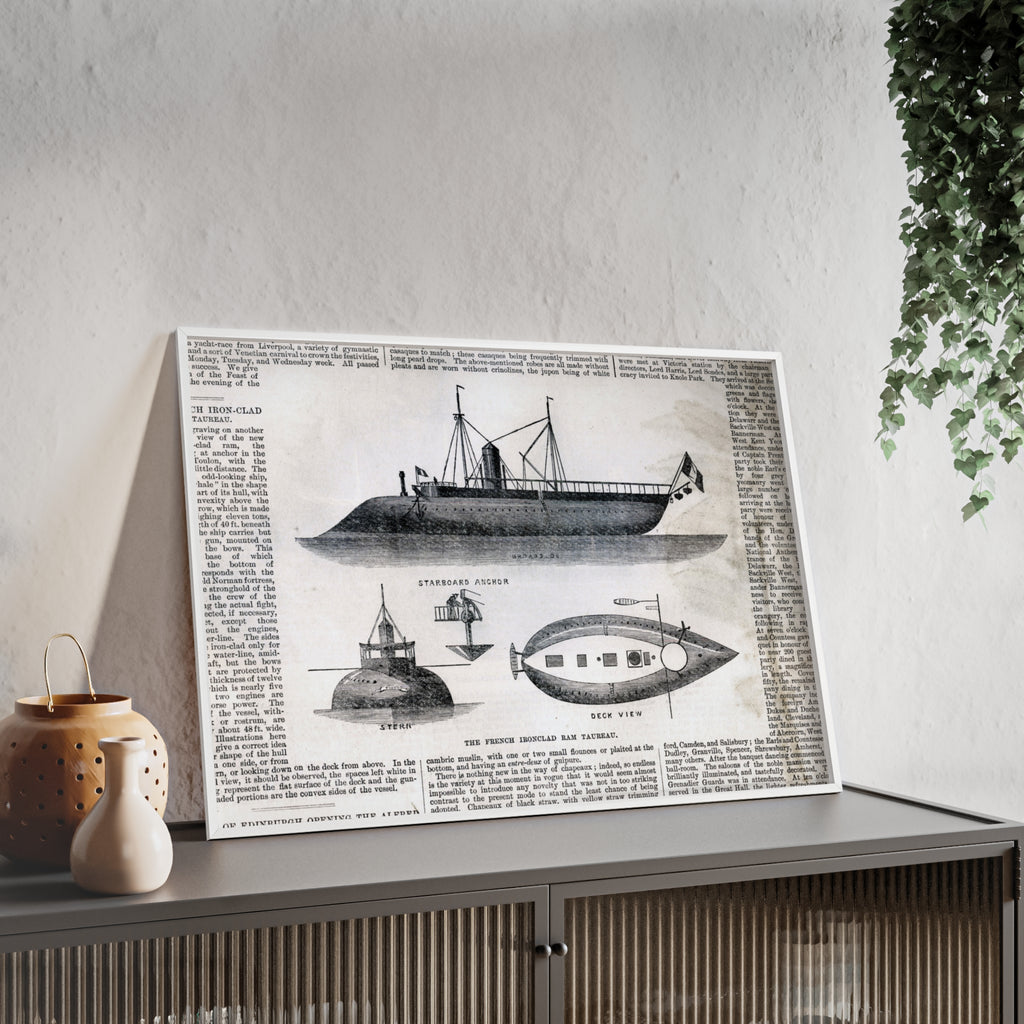 The French Ironclad RAM TAUREAU. Vintage Steamboat Patent Poster — Framed Nautical Wall Art
