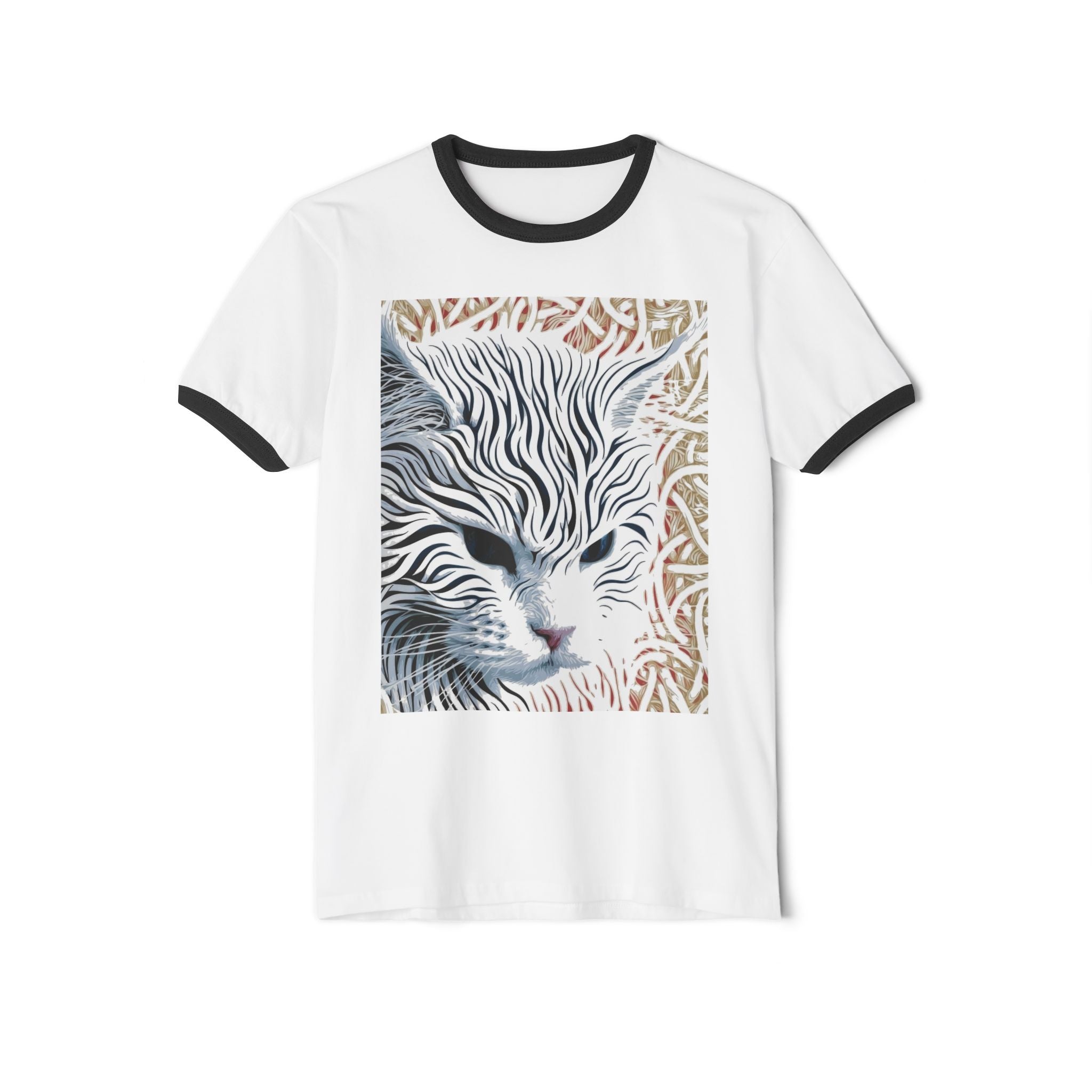 Cat Portrait Ringer Tee — Stylized Stripe-Faced Cat Graphic T-Shirt