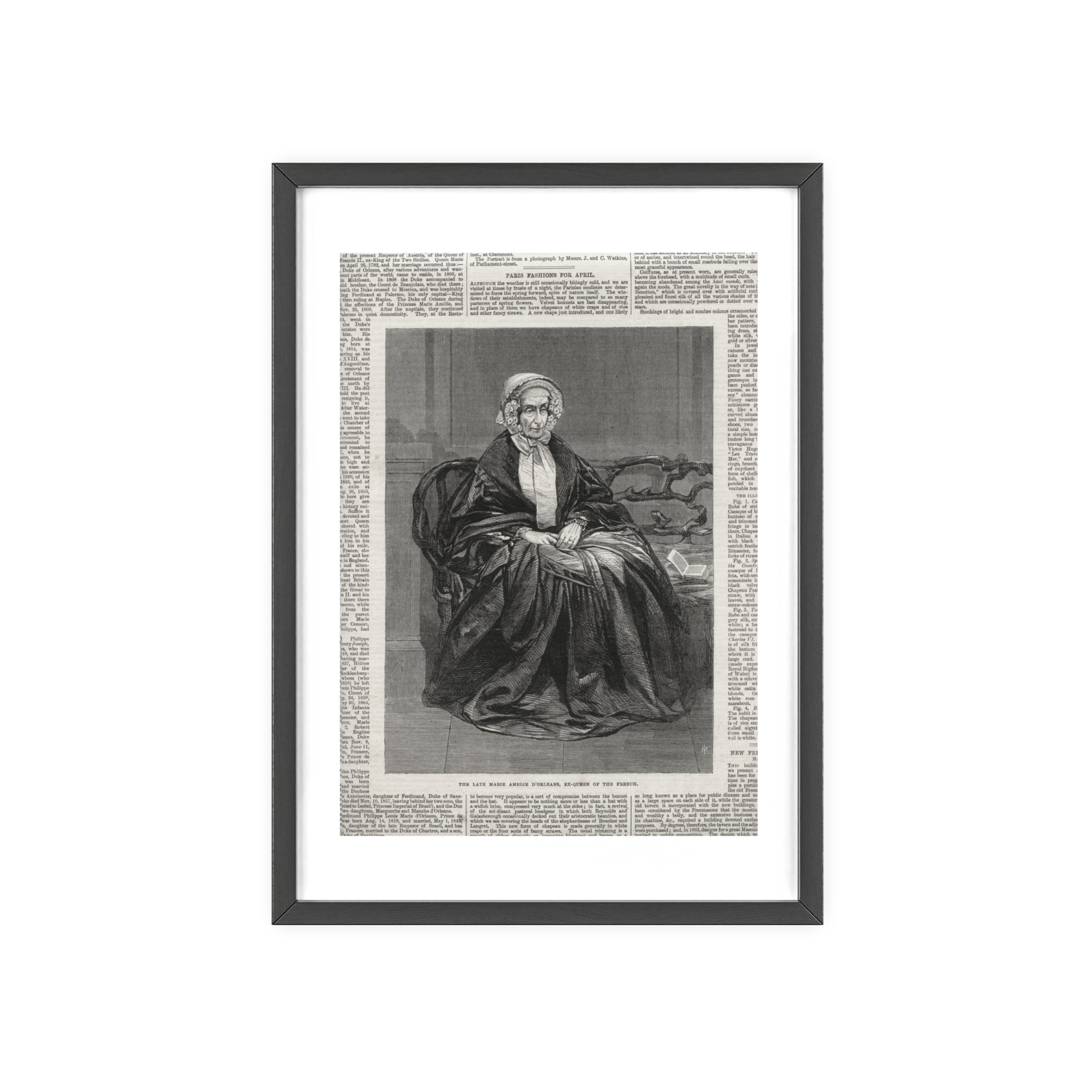 The Late Marie Amelie D'Orleans, Ex-Queen of the French. Vintage Portrait Newspaper Art Poster with Black Wooden Frame