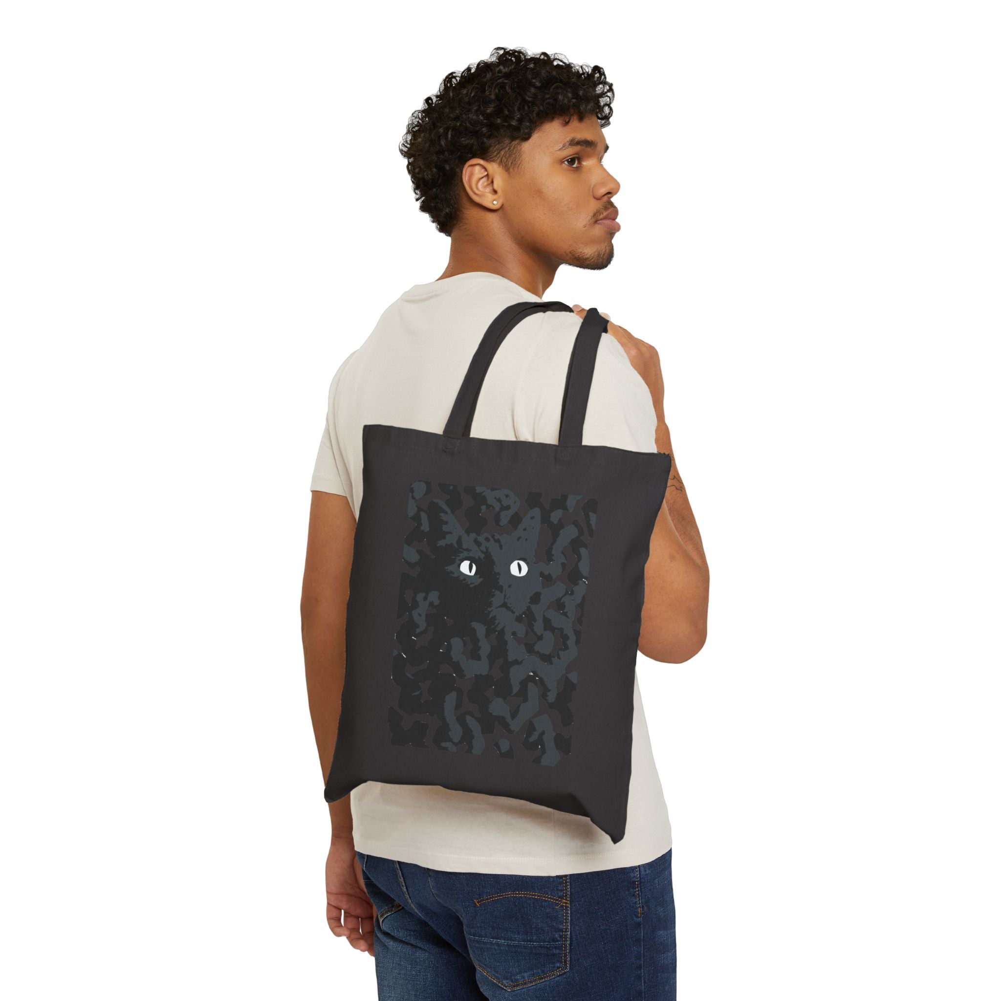 Canvas Tote Bag — Black Cat Camouflage Artwork Tote for Cat Lovers