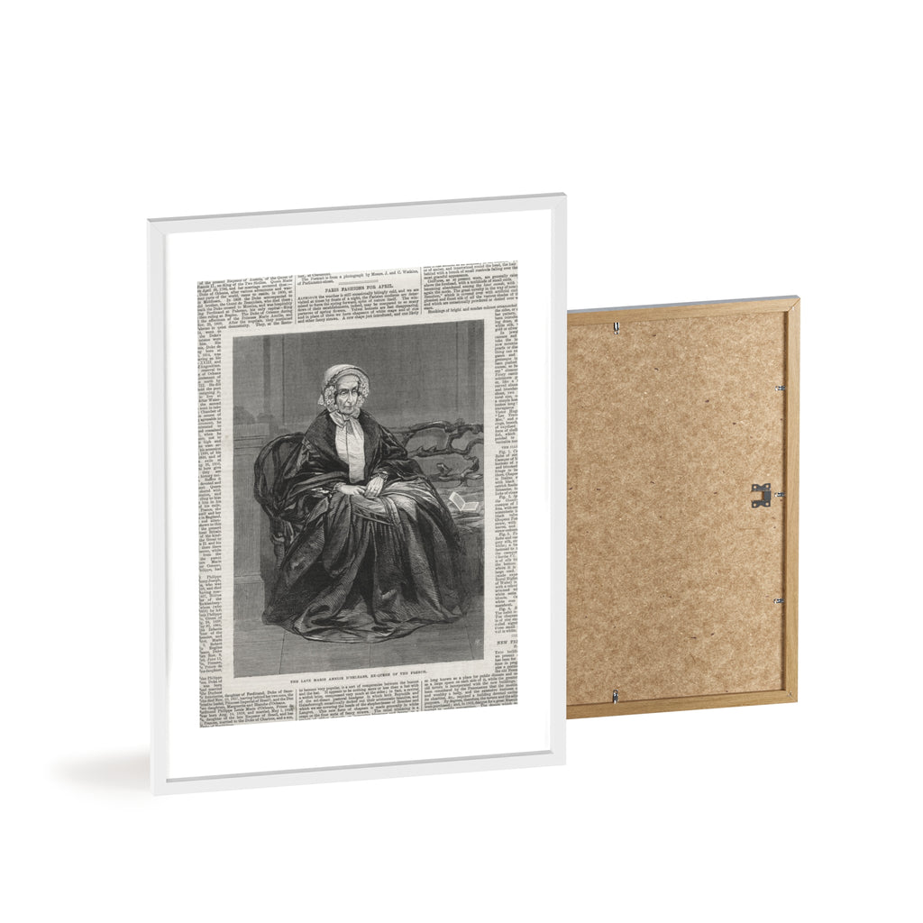 The Late Marie Amelie D'Orleans, Ex-Queen of the French. Vintage Portrait Newspaper Art Poster with Black Wooden Frame