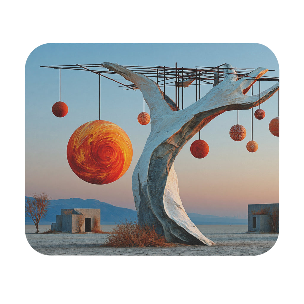 Surreal Desert Tree Mouse Pad — Floating Orbs Art Desk Mat