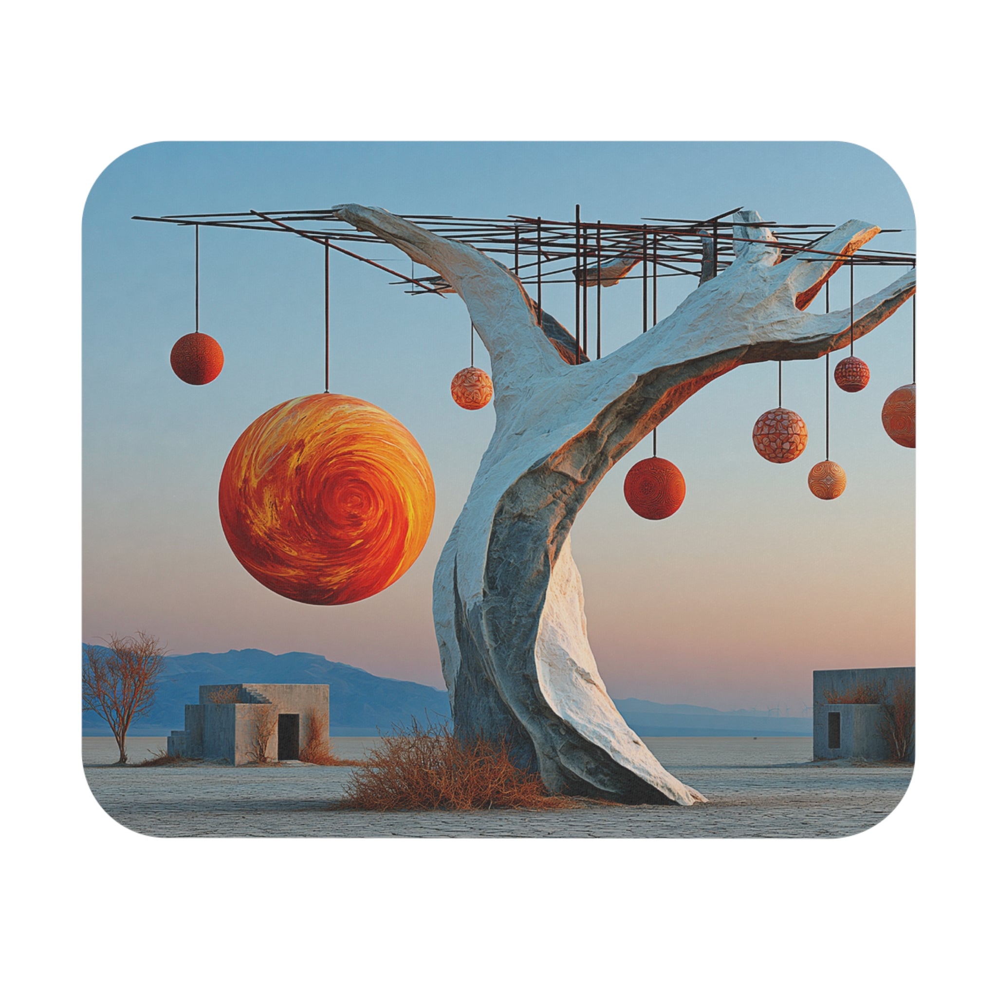 Surreal Desert Tree Mouse Pad — Floating Orbs Art Desk Mat
