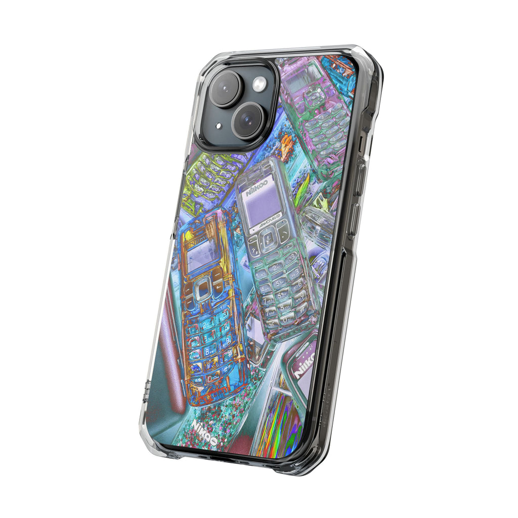 Holographic Retro Phone Case — Clear Magnetic Impact Case with Vintage Cellphone Collage