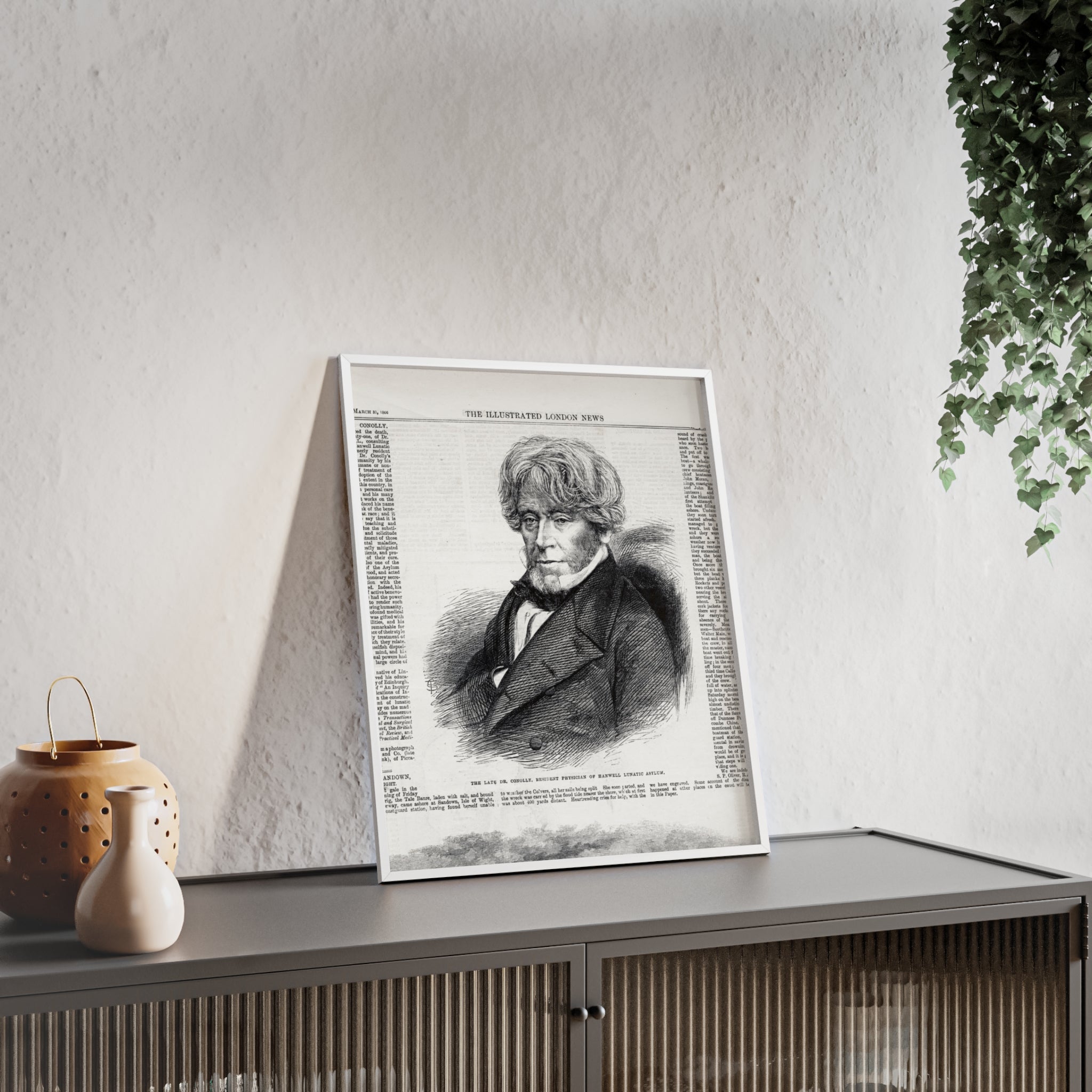 Dr. Conolly, Resident Physician of Hanwell Lunatic Asylum. Framed Vintage Portrait Print — Antique Newspaper Illustration Poster