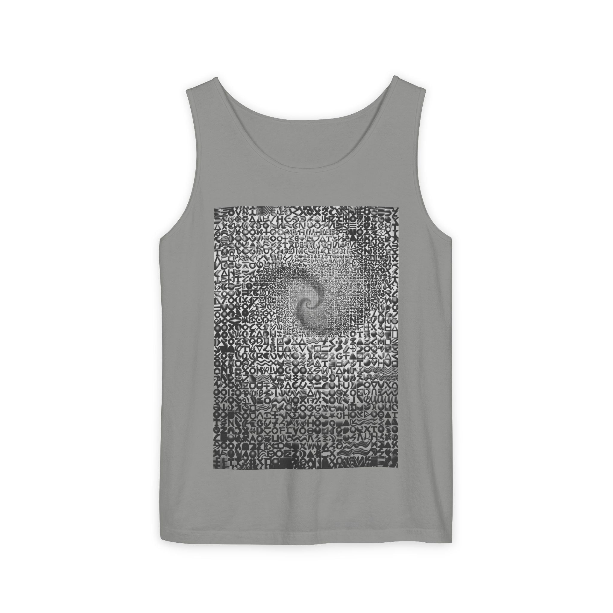Spiral Text Art Tank Top — Monochrome Optical Typography Tee