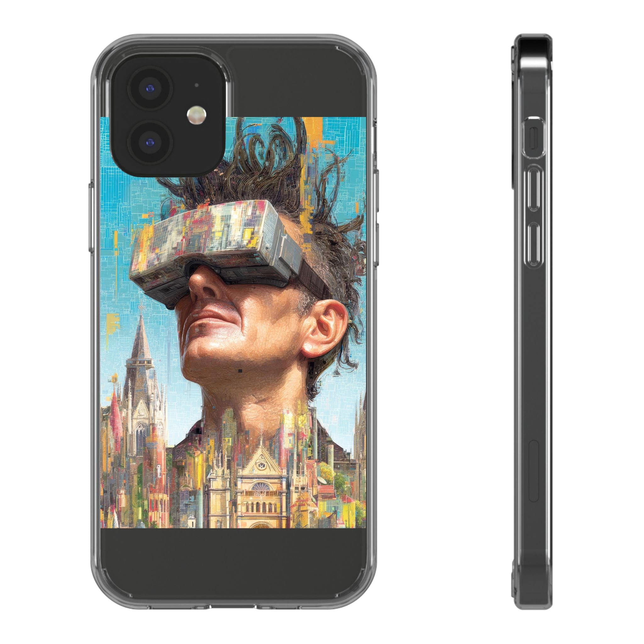 Clear Phone Case — Retro VR Cityscape Illustration