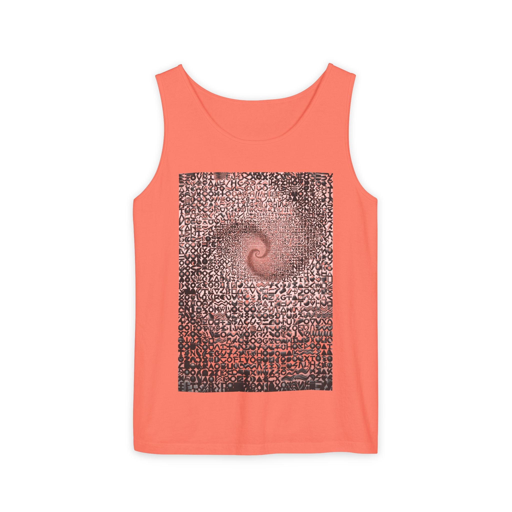 Spiral Text Art Tank Top — Monochrome Optical Typography Tee