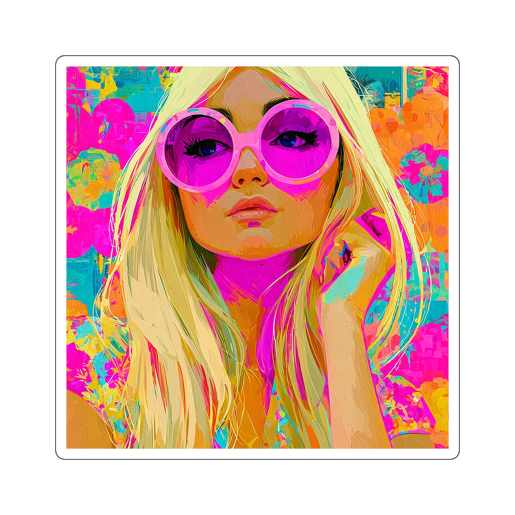 Pop Art Blonde Girl Square Sticker — Retro Neon Portrait Laptop Decal