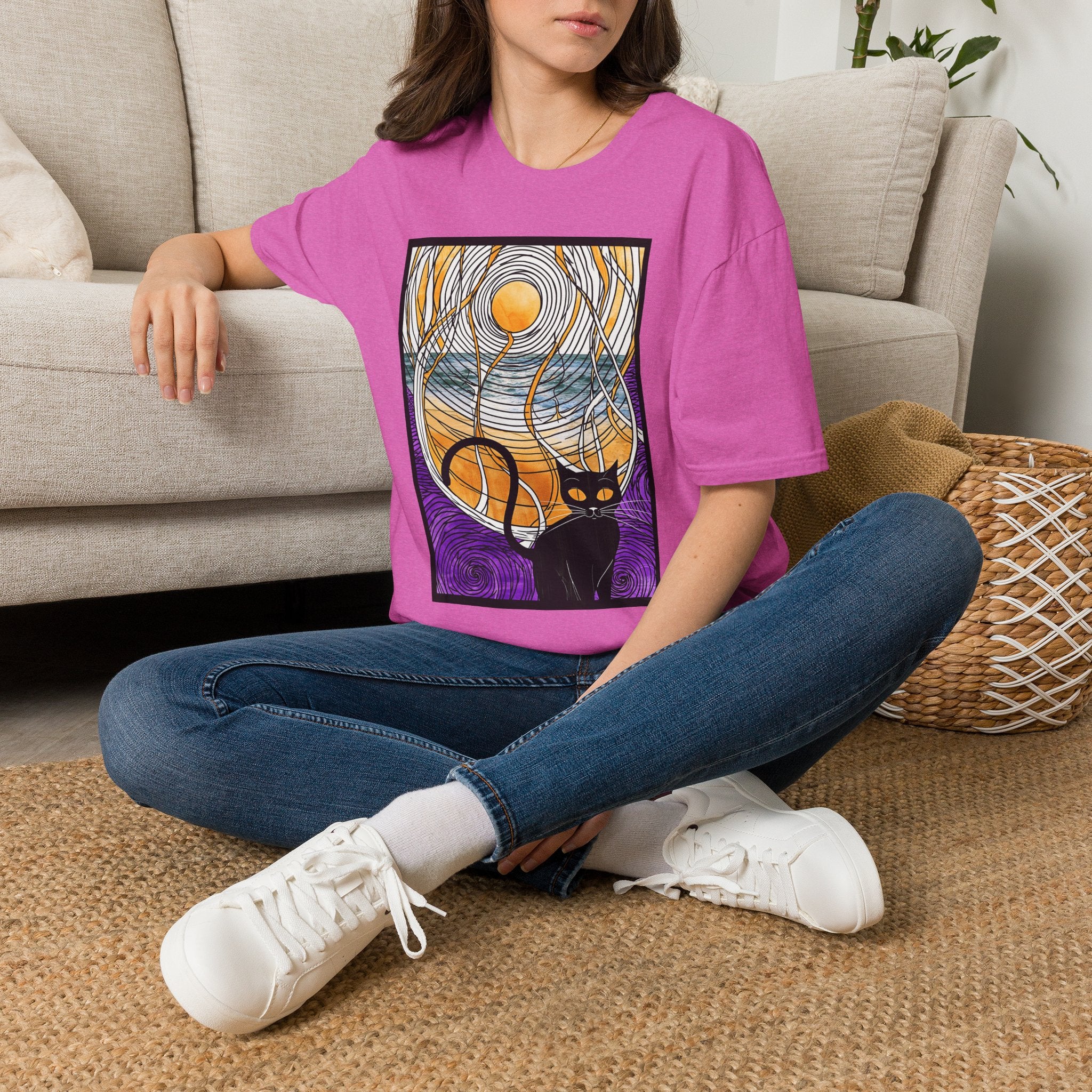 Sunlit Waves Art Tee — Black Cat & Golden Moon Graphic T-Shirt