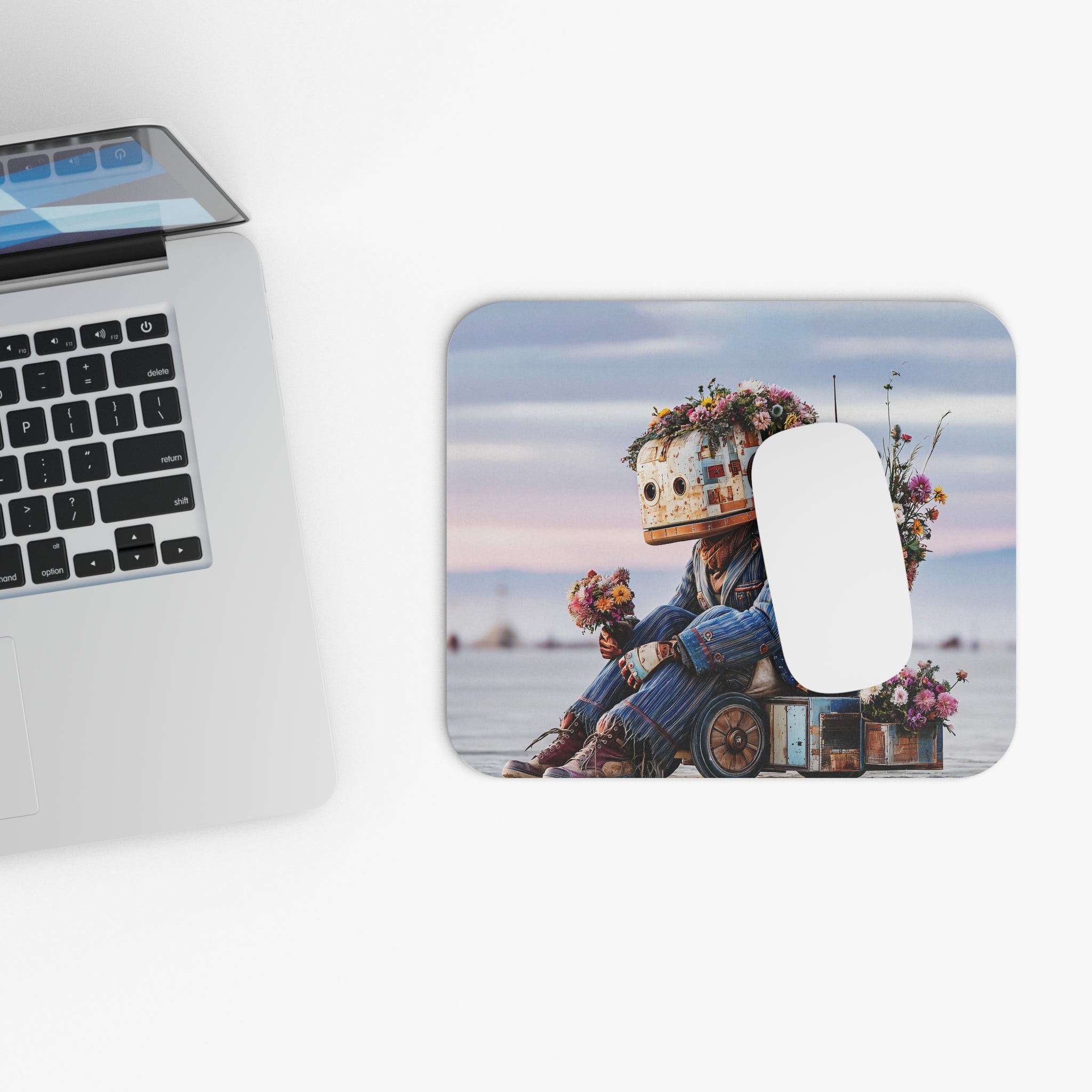 Retro Robot with Flowers Mouse Pad — Whimsical Sci‑Fi Desk Mat
