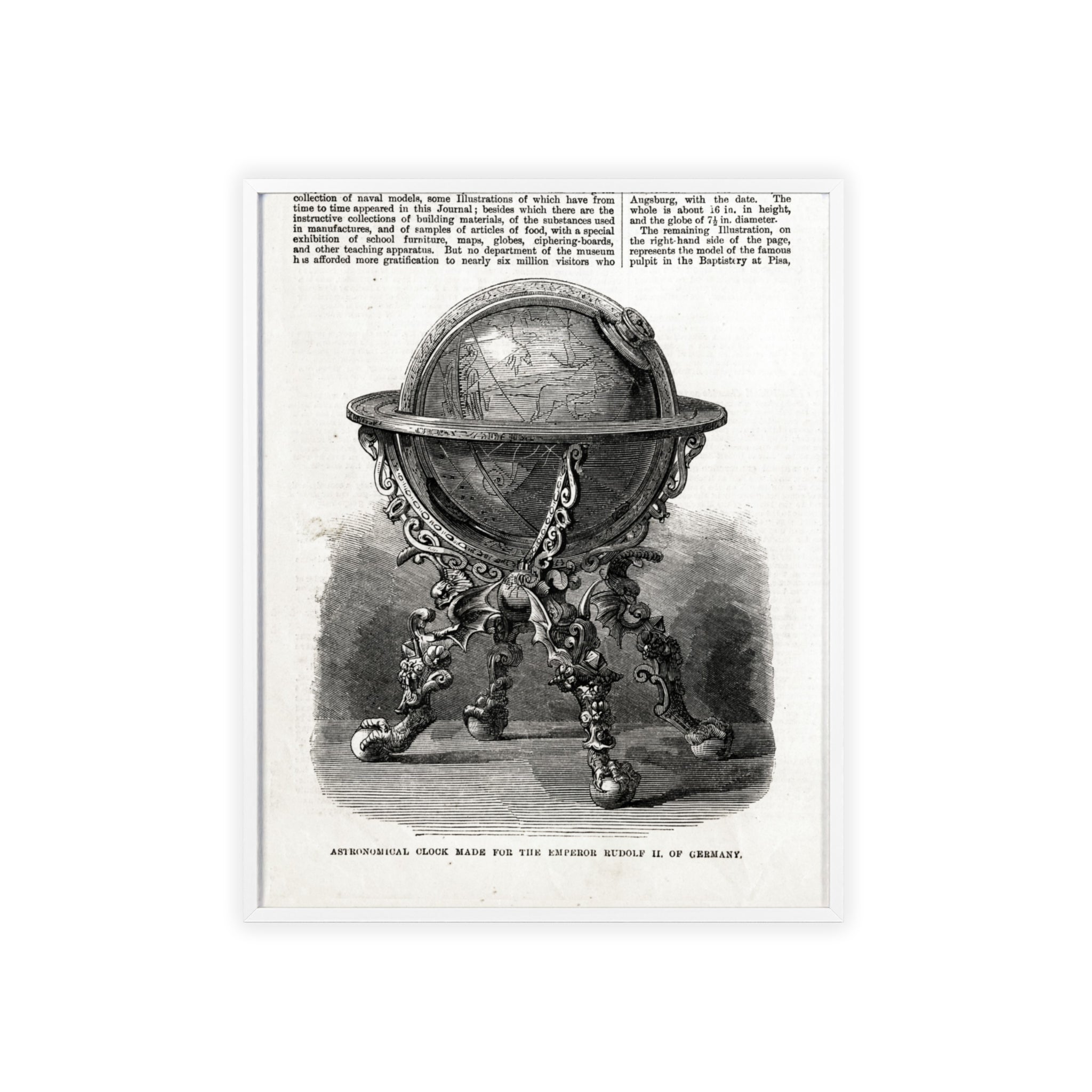 Astronomical Clock made for the Emperor RUDOLPH II, of Germany. Vintage Globe Illustration Poster with Wooden Frame — Antique Map Print