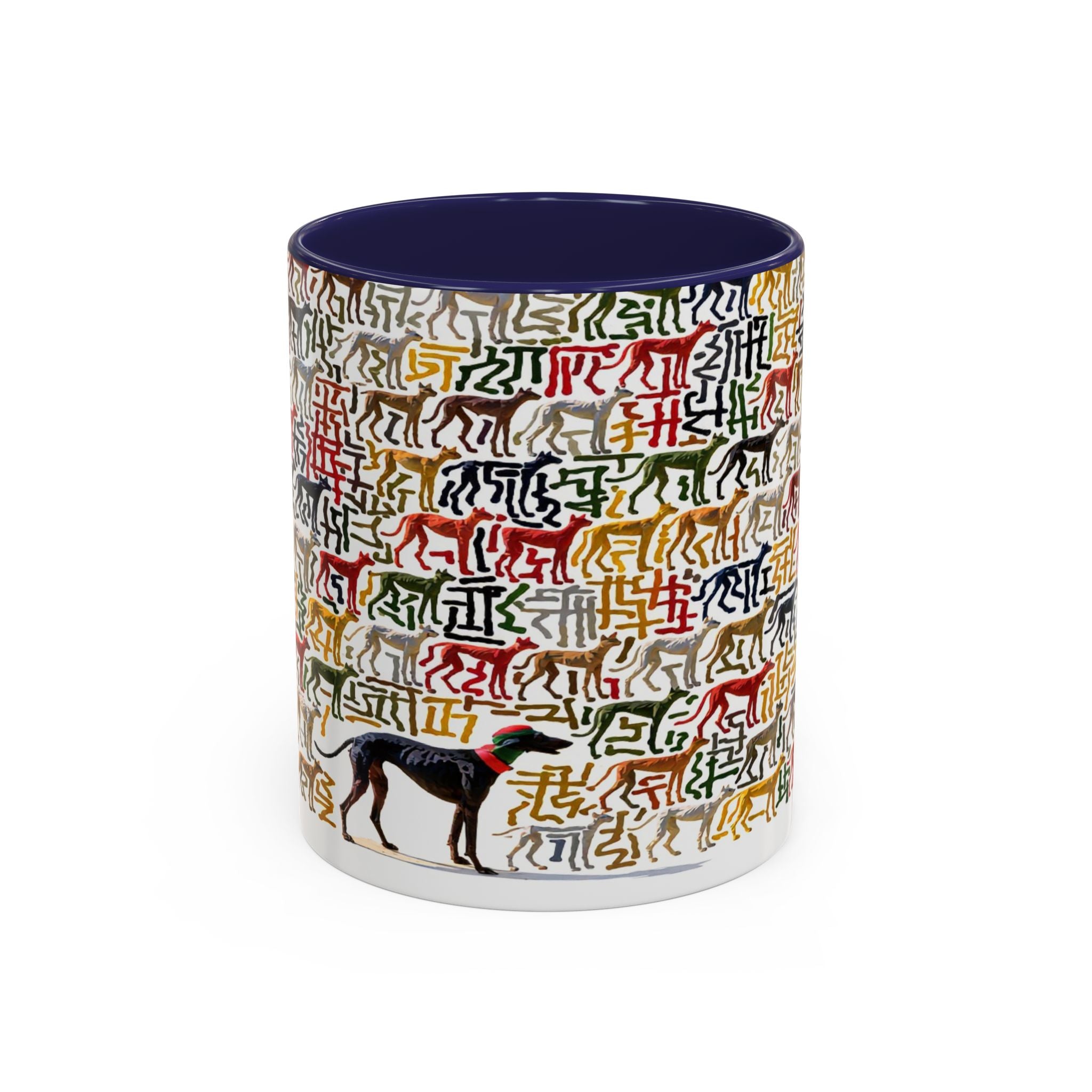 Greyhound Silhouette Accent Coffee Mug — Colorful Script Dog Pattern (11/15oz)